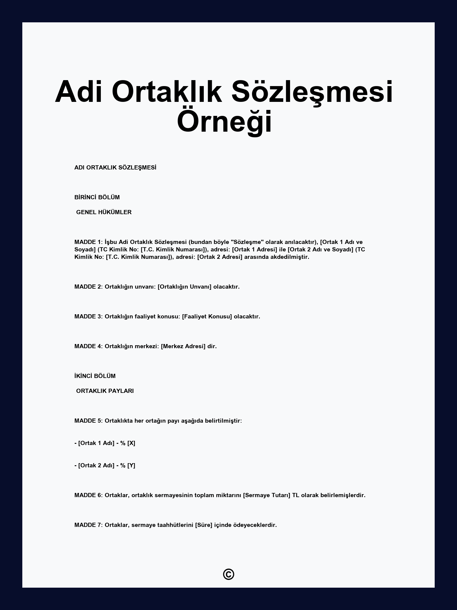 Adi Ortaklık Sözleşmesi Örneği