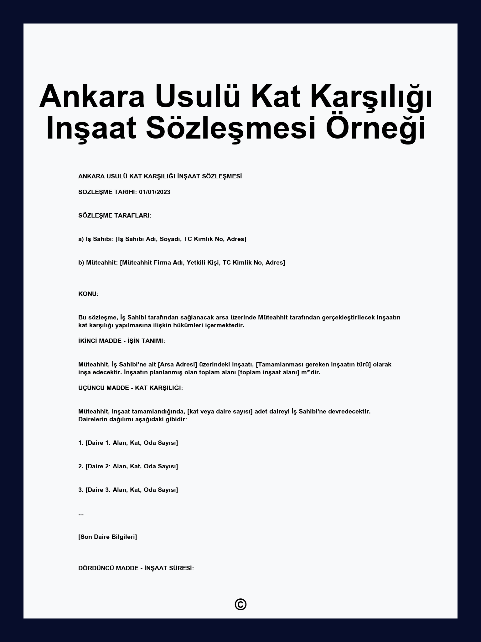 Ankara Usulü Kat Karşılığı Inşaat Sözleşmesi Örneği