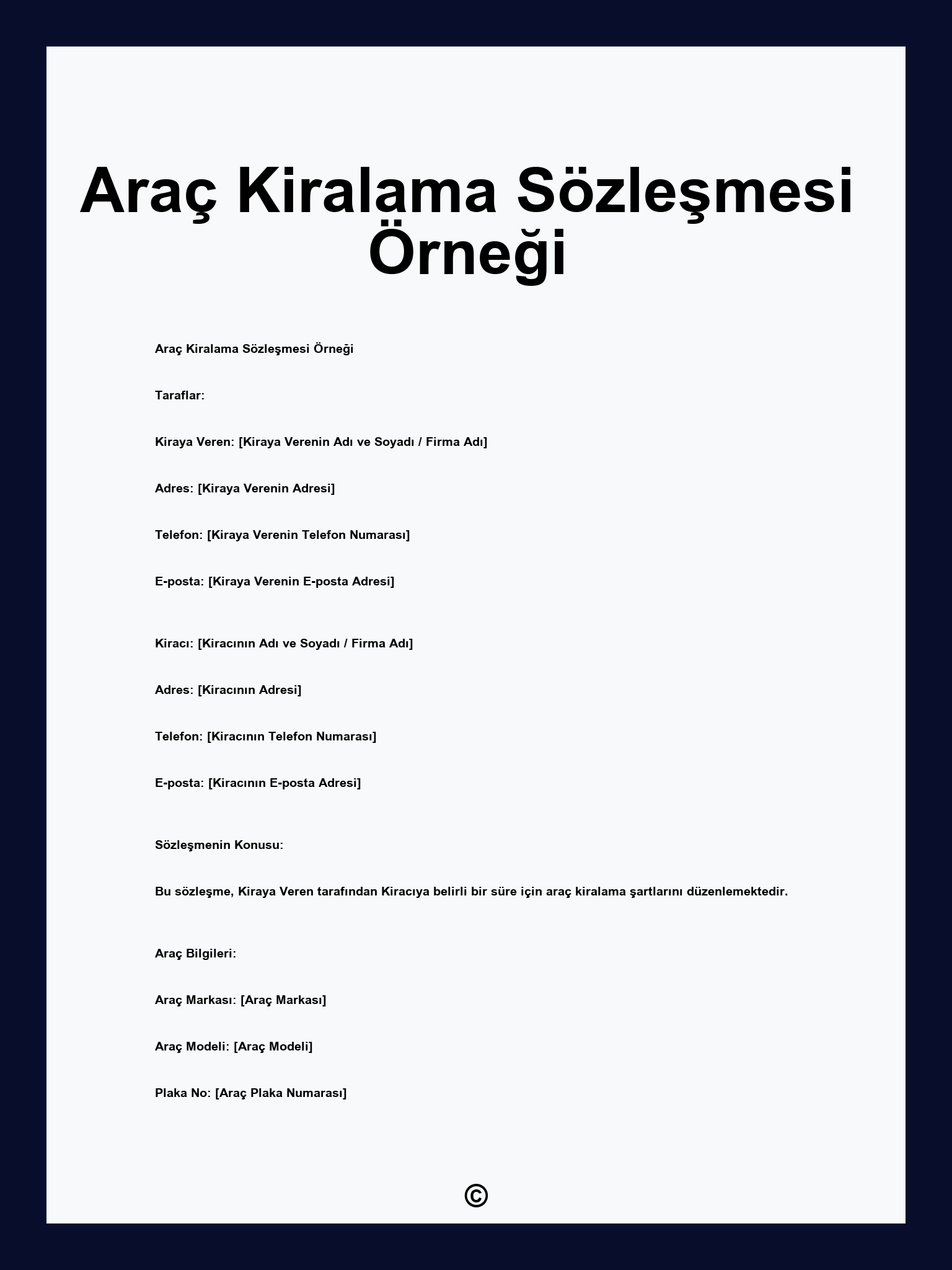 Araç Kiralama Sözleşmesi Örneği