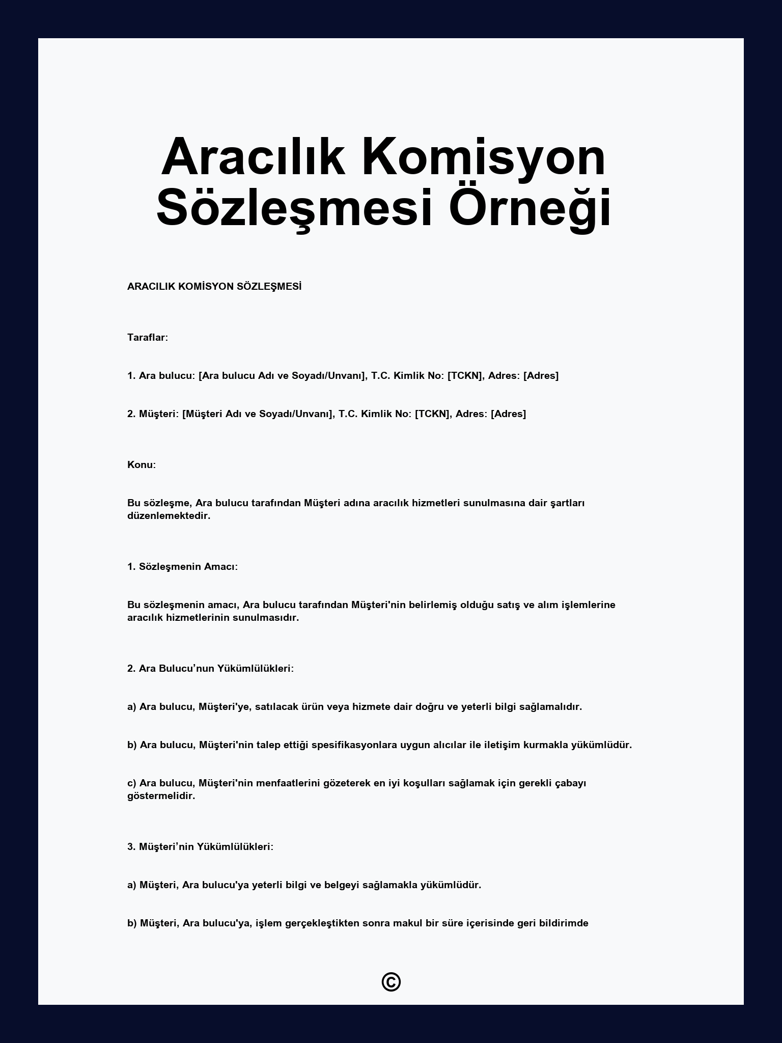 Aracılık Komisyon Sözleşmesi Örneği