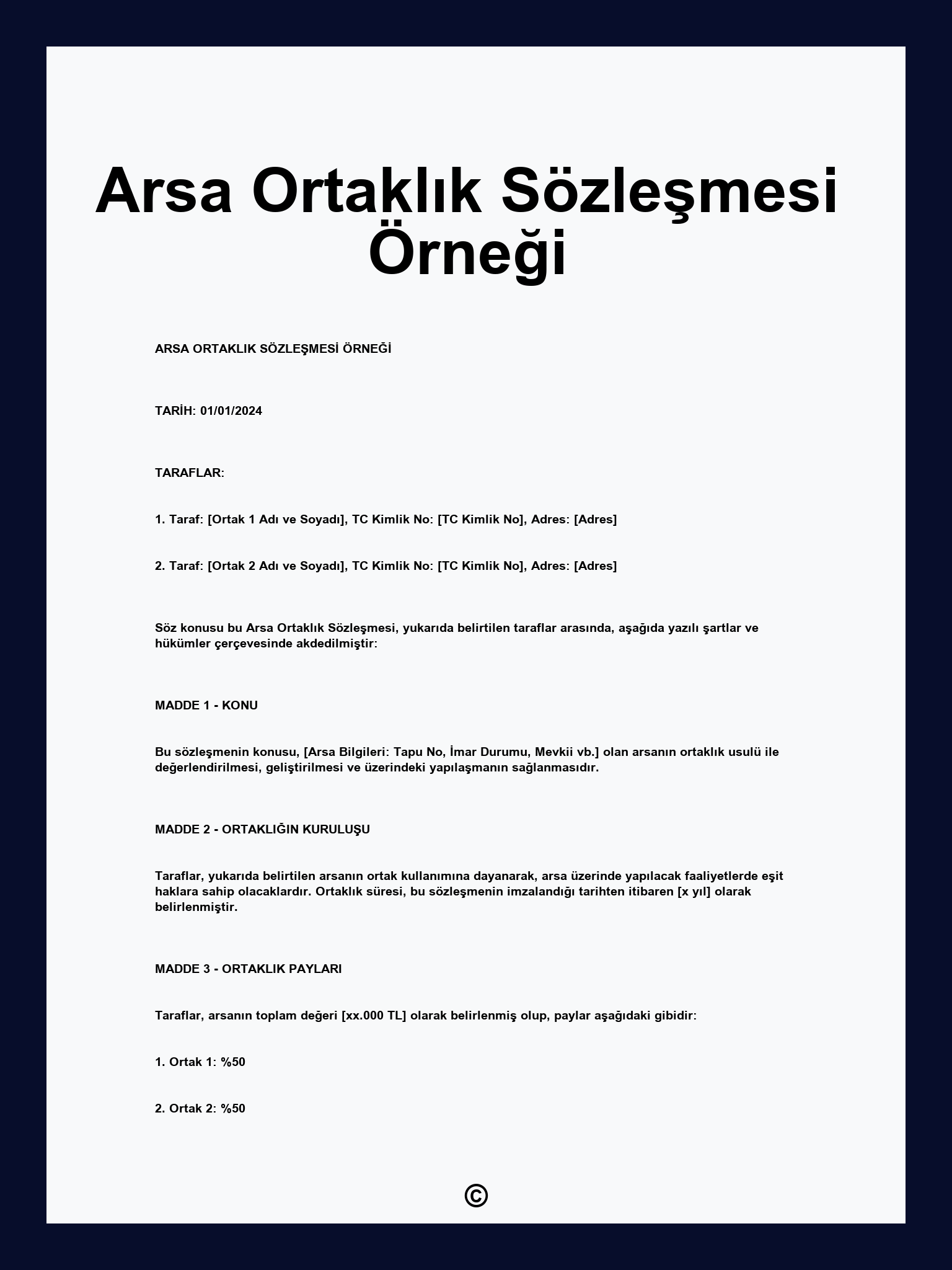 Arsa Ortaklık Sözleşmesi Örneği