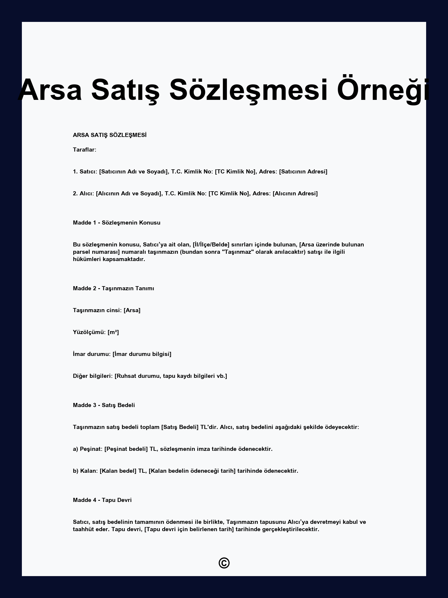Arsa Satış Sözleşmesi Örneği