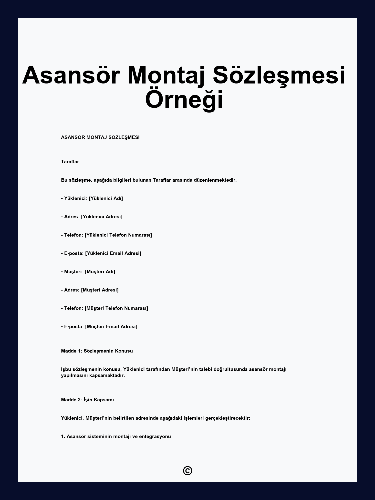 Asansör Montaj Sözleşmesi Örneği
