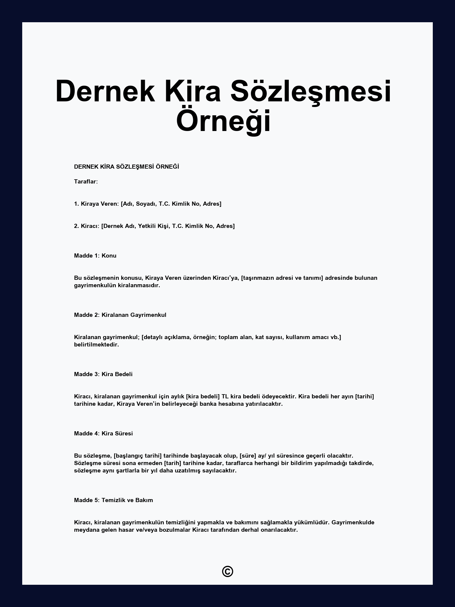 Dernek Kira Sözleşmesi Örneği