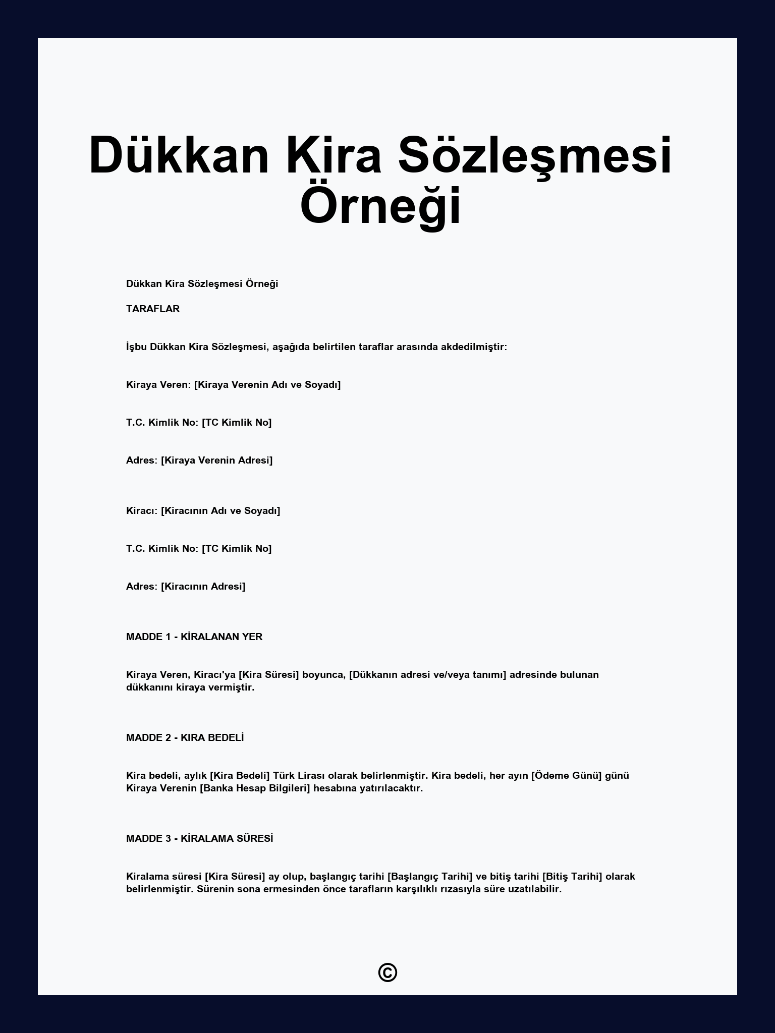 Dükkan Kira Sözleşmesi Örneği