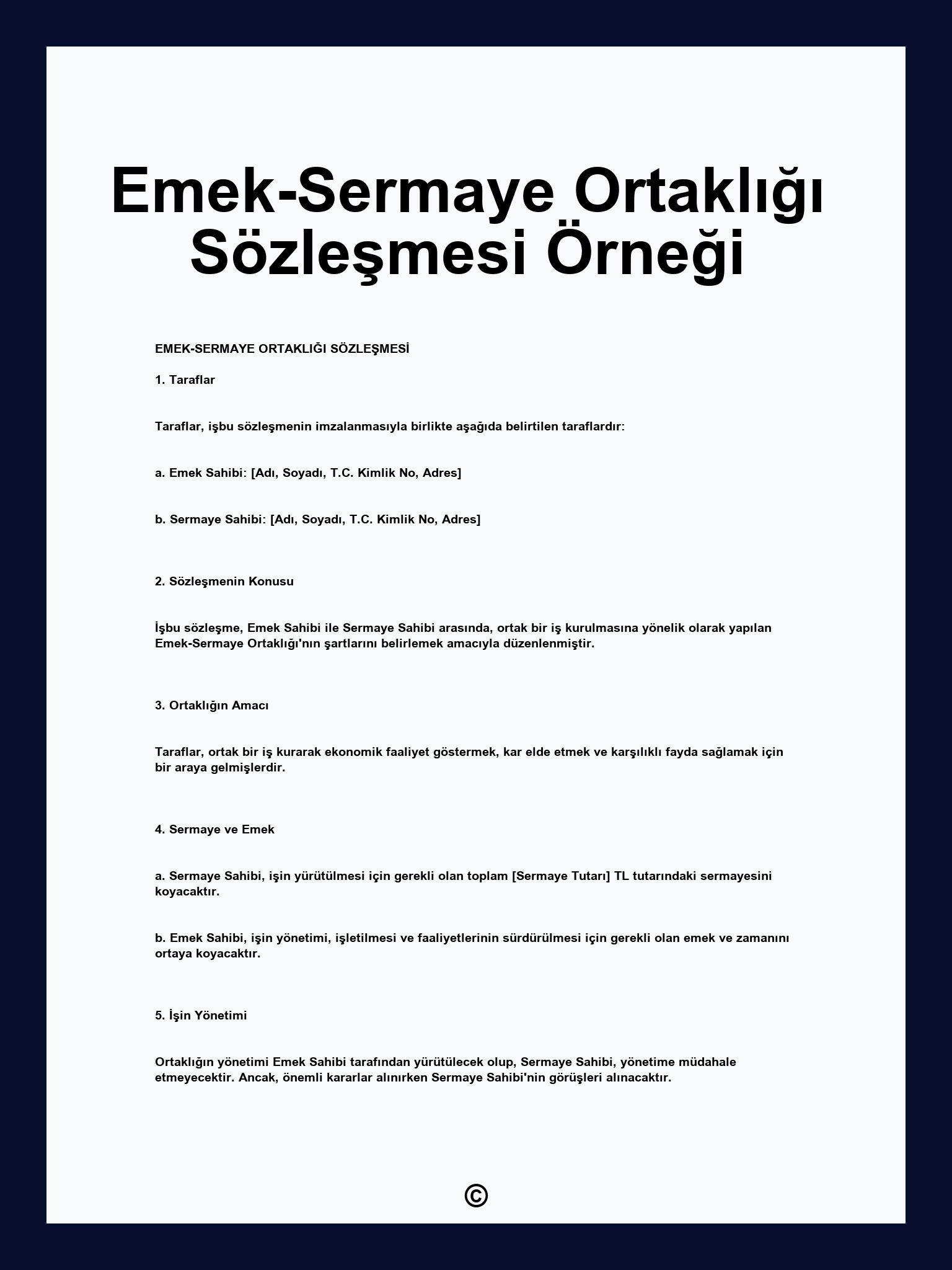 Emek-Sermaye Ortaklığı Sözleşmesi Örneği