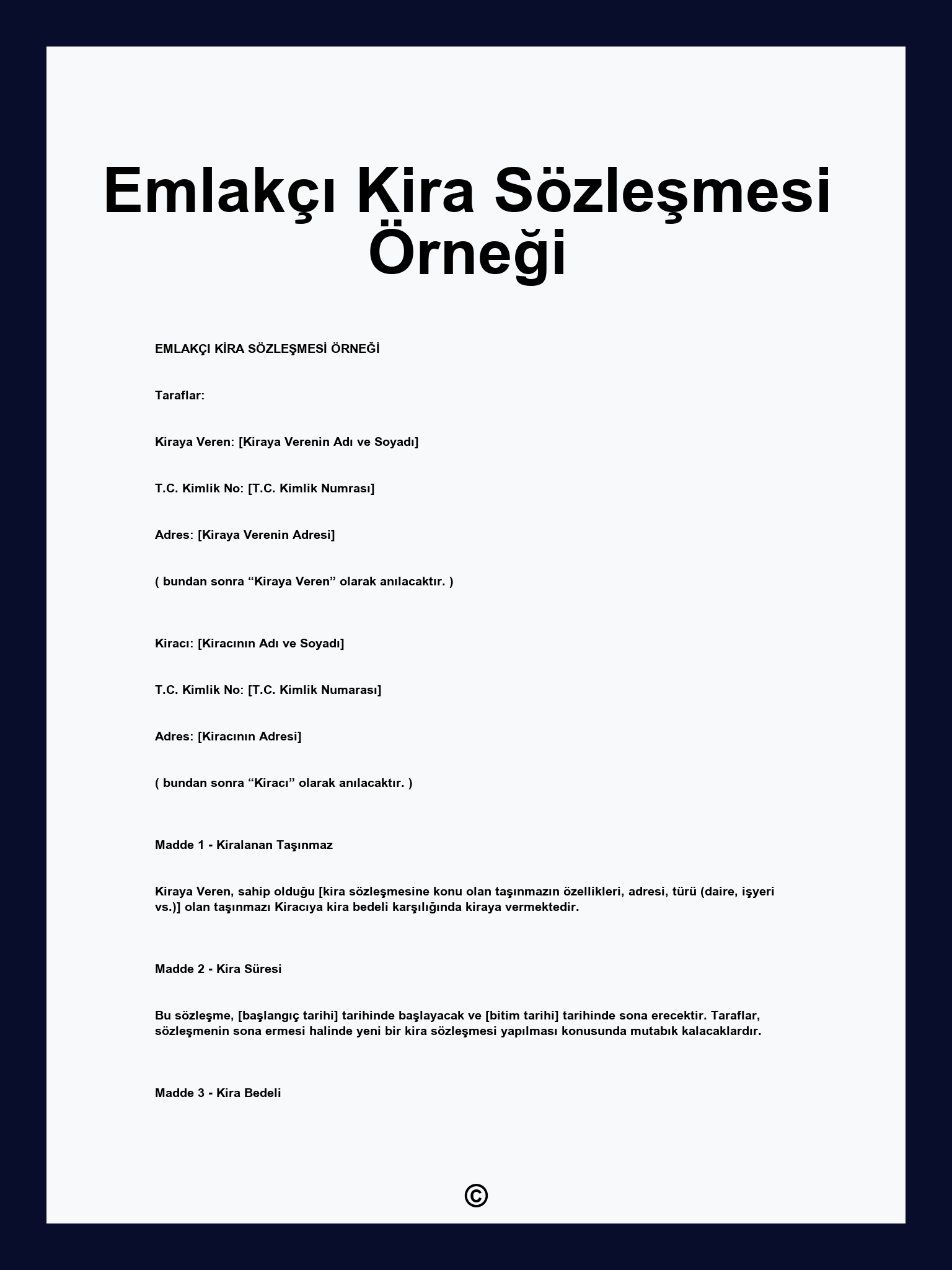 Emlakçı Kira Sözleşmesi Örneği