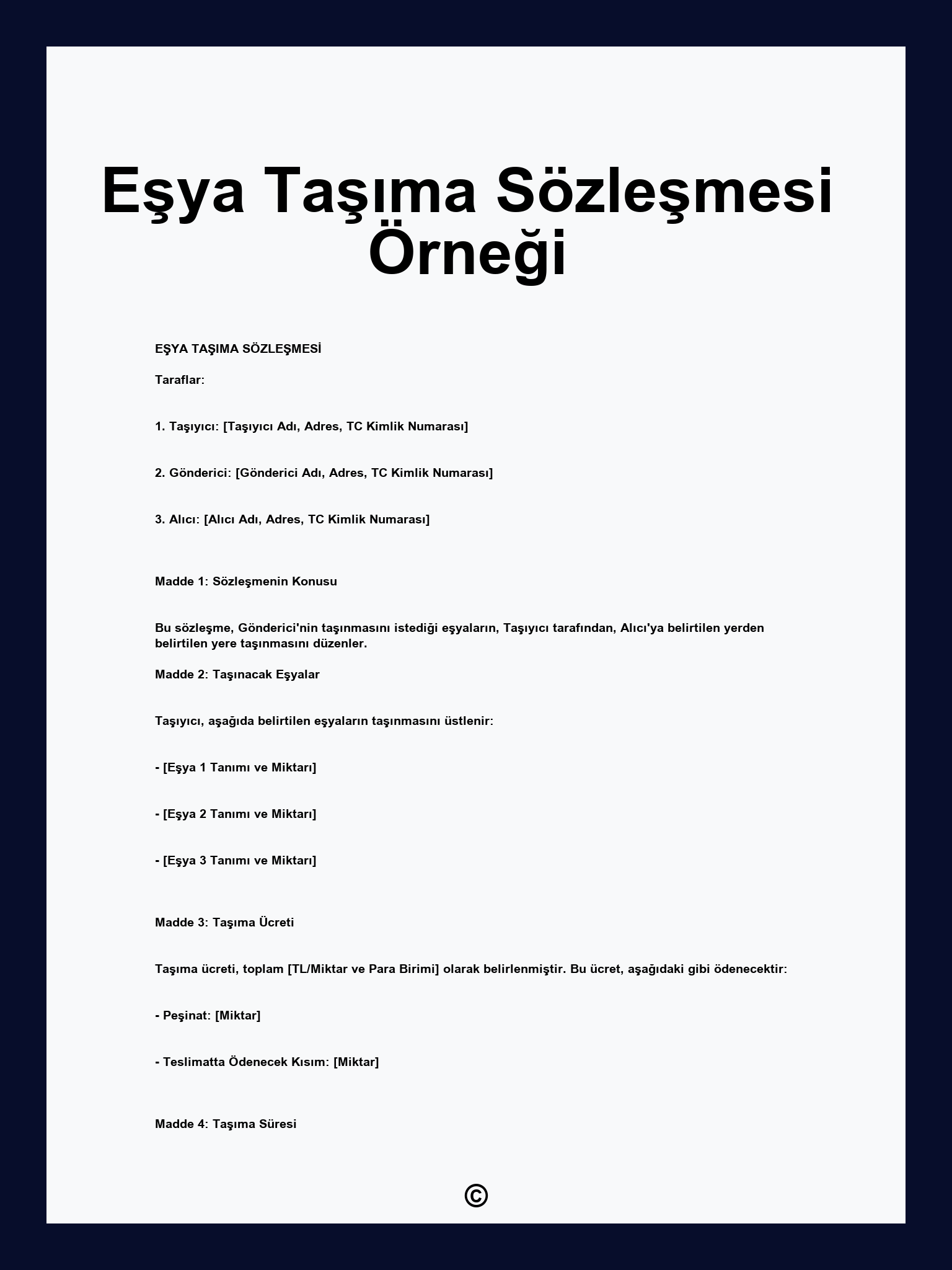 Eşya Taşıma Sözleşmesi Örneği