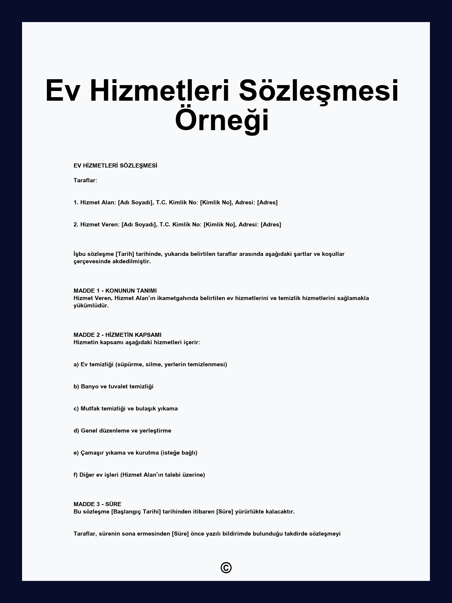 Ev Hizmetleri Sözleşmesi Örneği
