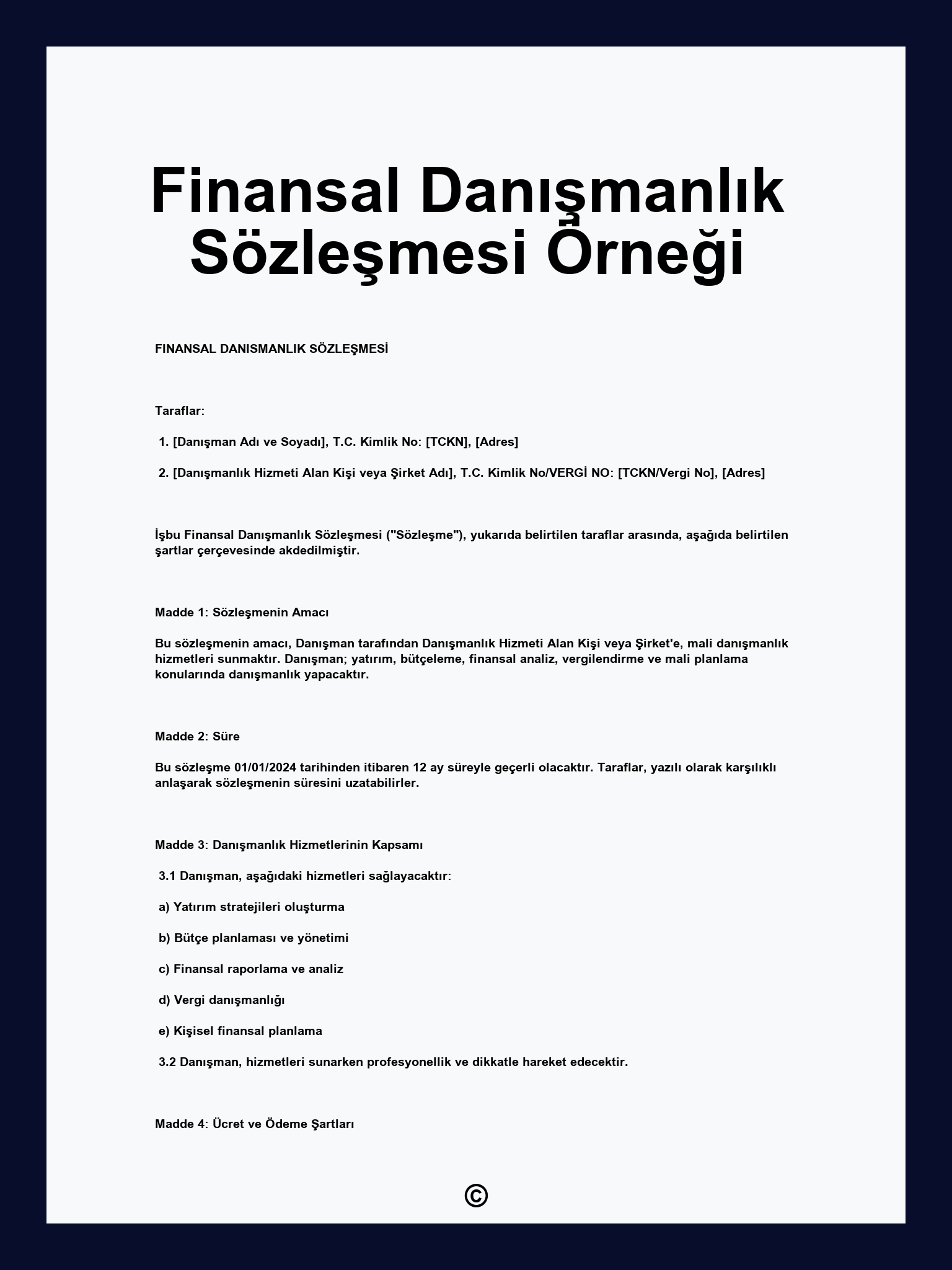 Finansal Danışmanlık Sözleşmesi Örneği