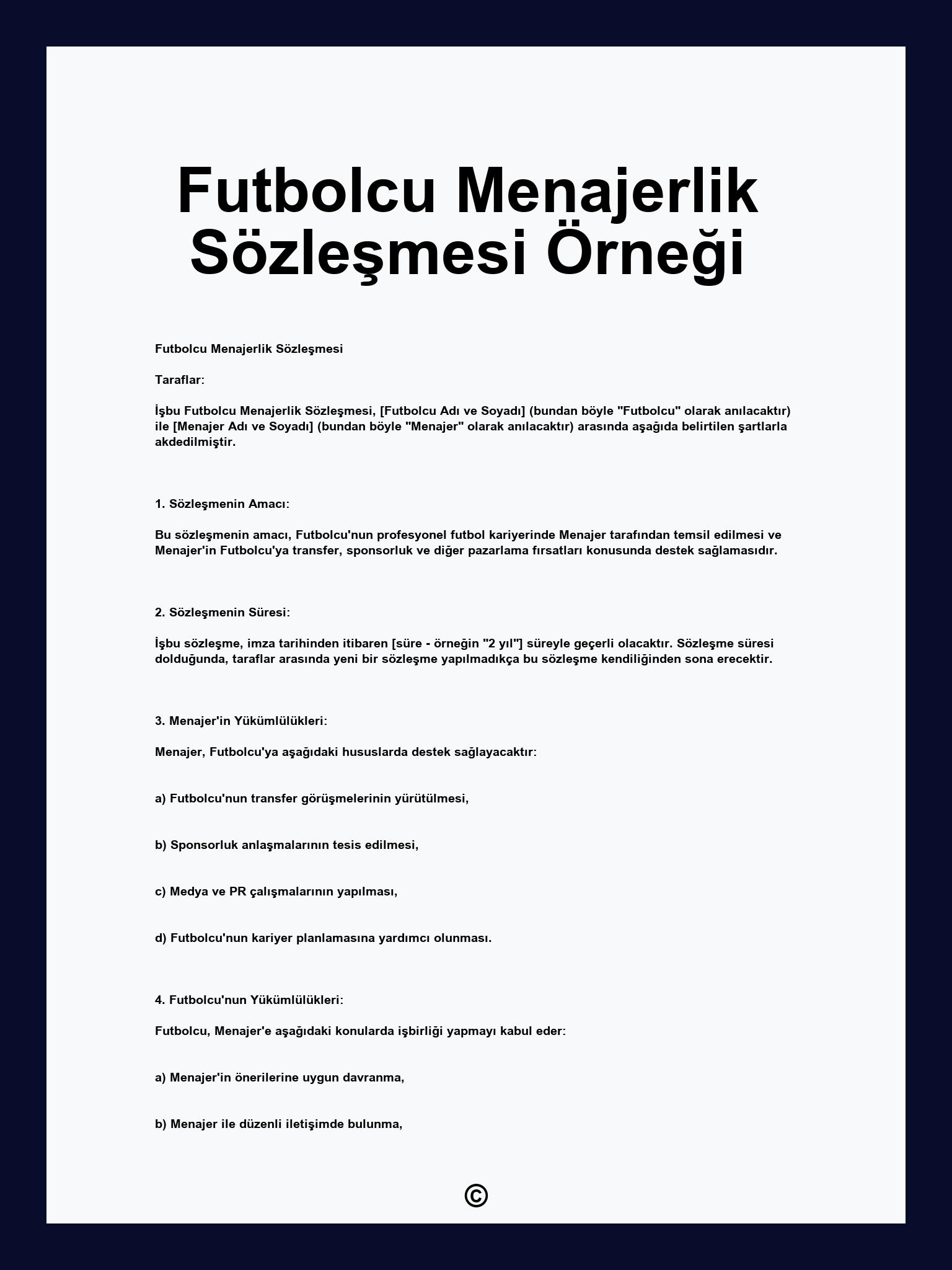 Futbolcu Menajerlik Sözleşmesi Örneği