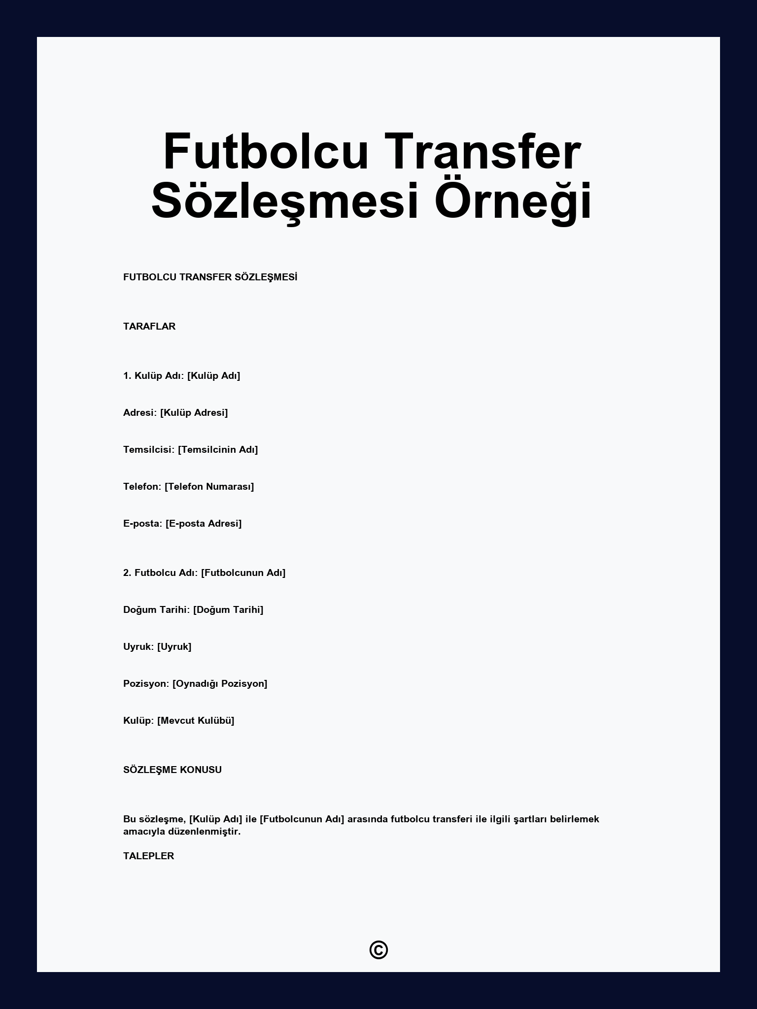Futbolcu Transfer Sözleşmesi Örneği