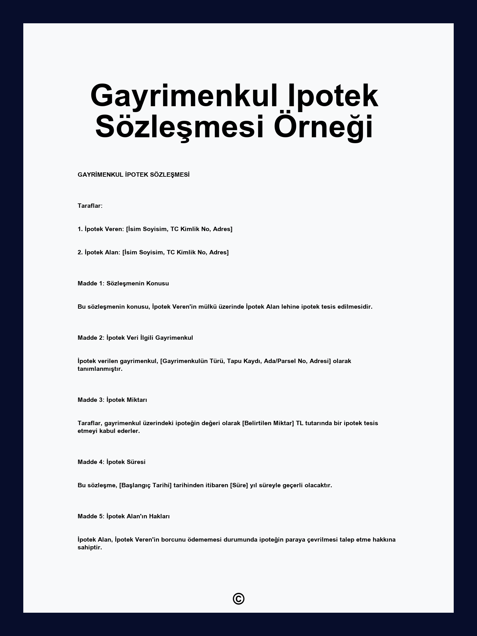 Gayrimenkul Ipotek Sözleşmesi Örneği