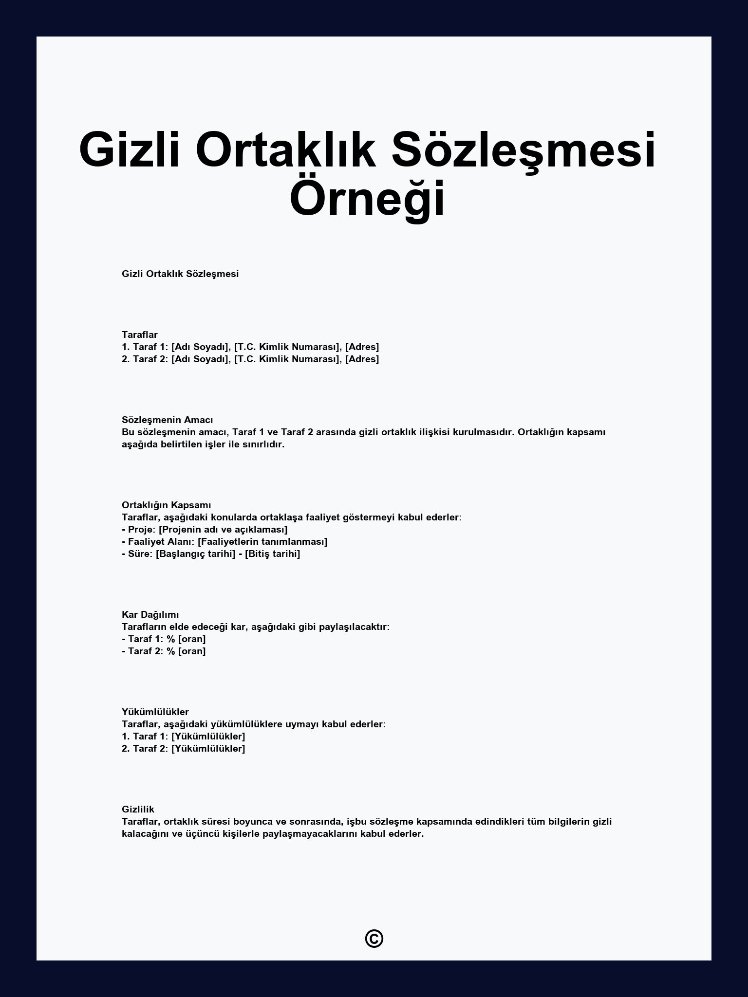 Gizli Ortaklık Sözleşmesi Örneği