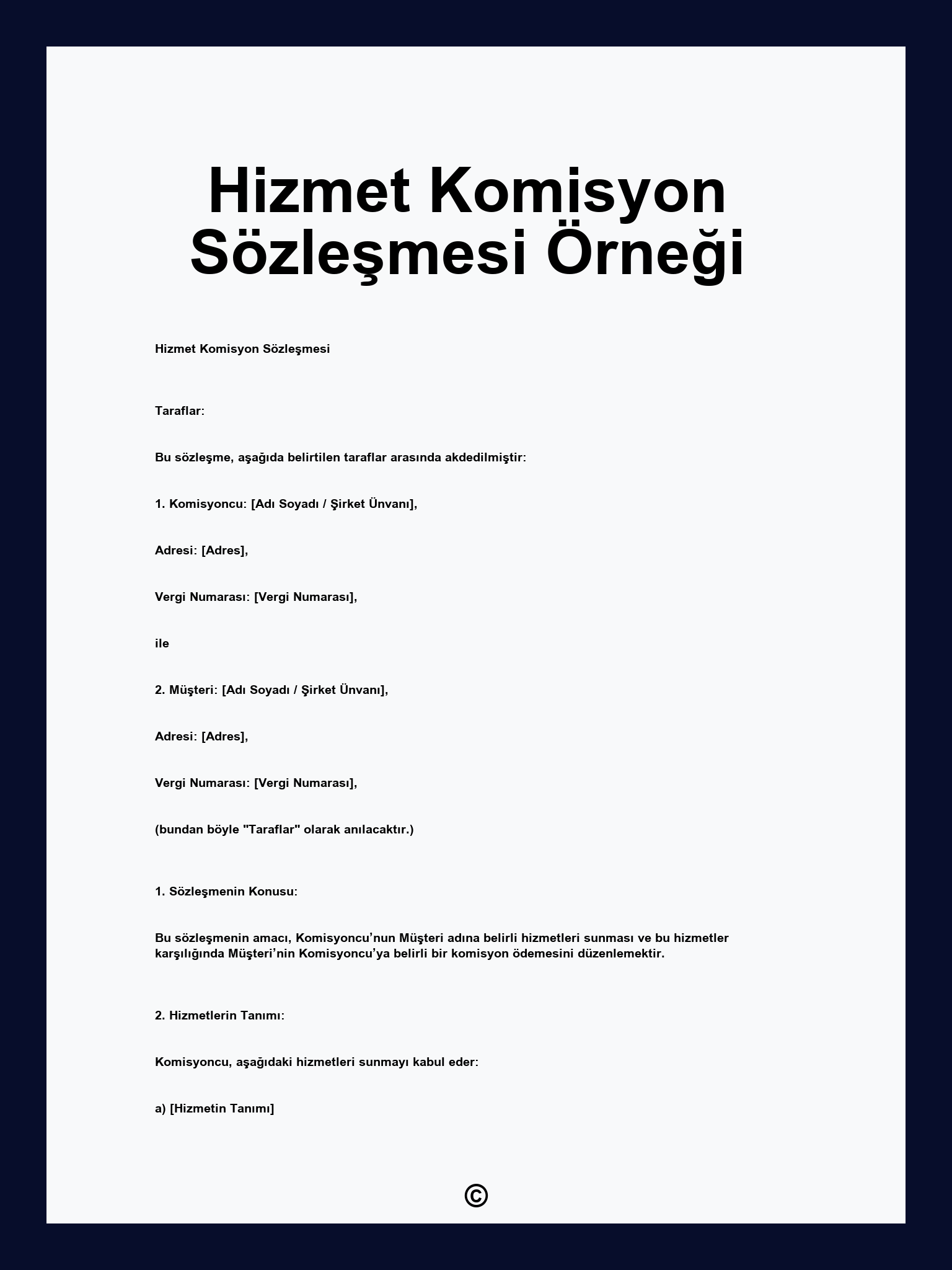 Hizmet Komisyon Sözleşmesi Örneği