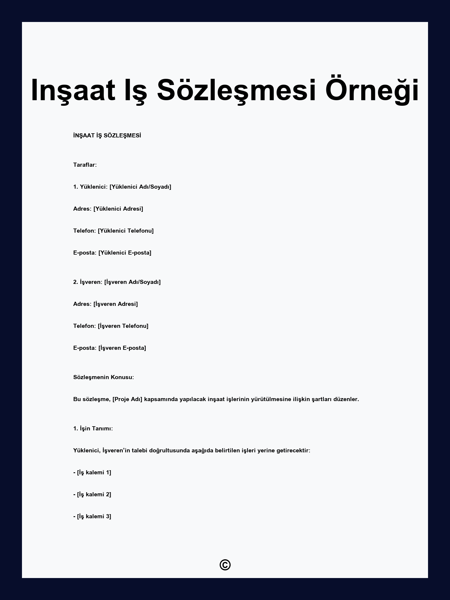 Inşaat Iş Sözleşmesi Örneği