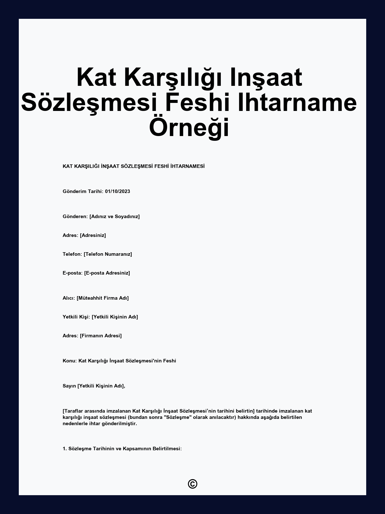 Kat Karşılığı Inşaat Sözleşmesi Feshi Ihtarname Örneği