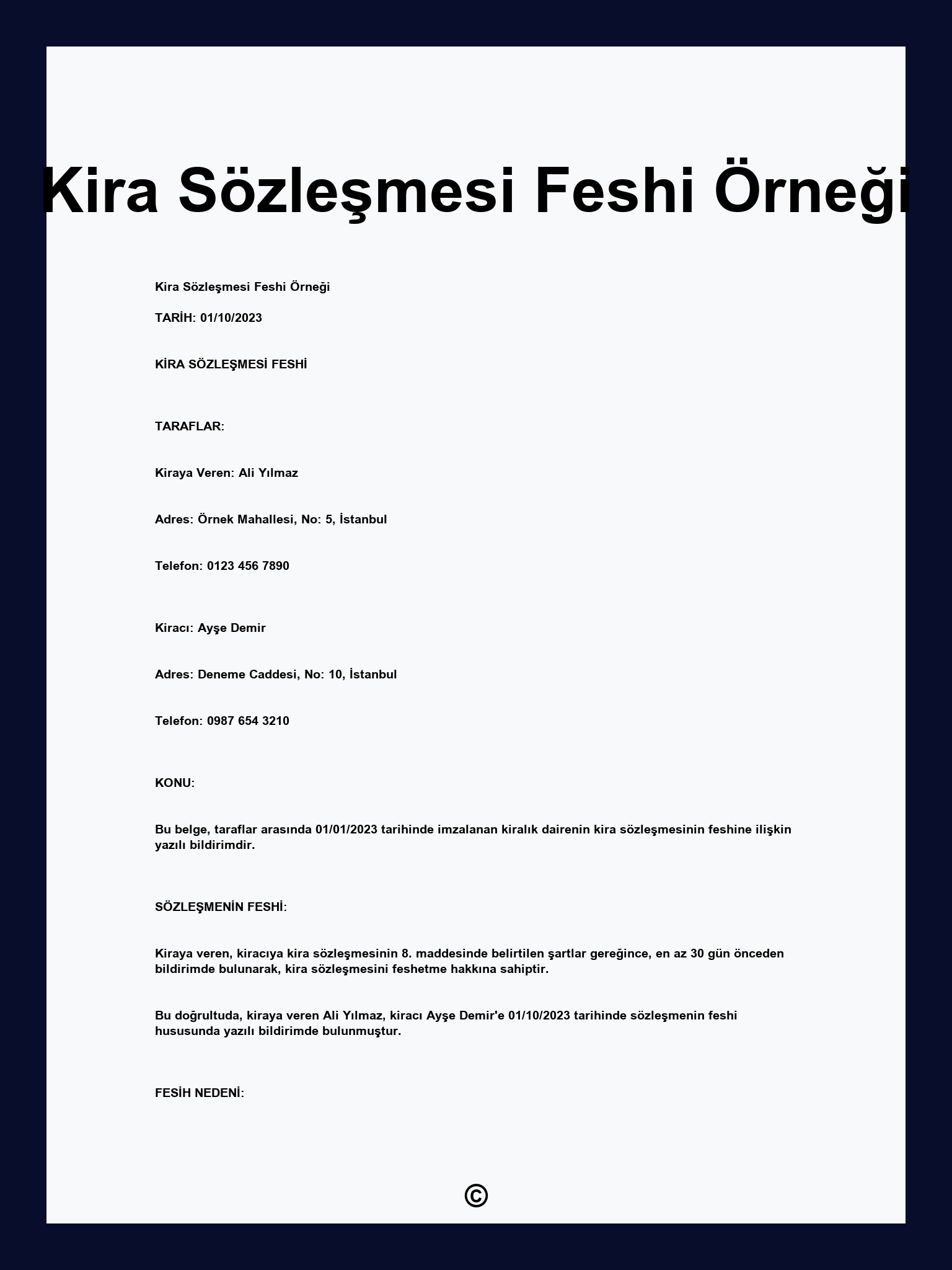 Kira Sözleşmesi Feshi Örneği
