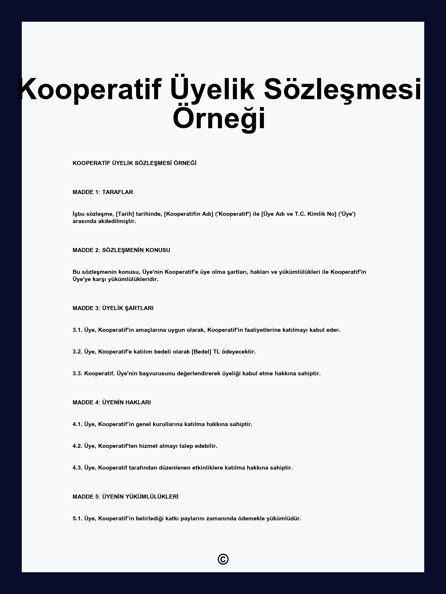 Kooperatif Üyelik Sözleşmesi Örneği