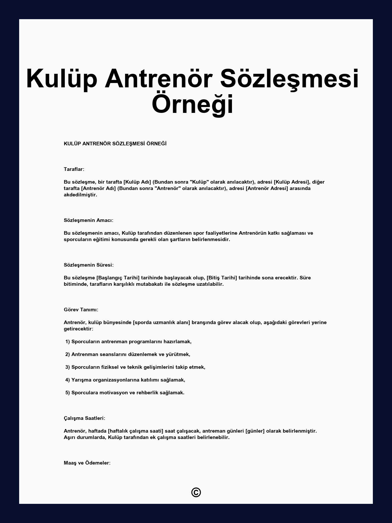 Kulüp Antrenör Sözleşmesi Örneği