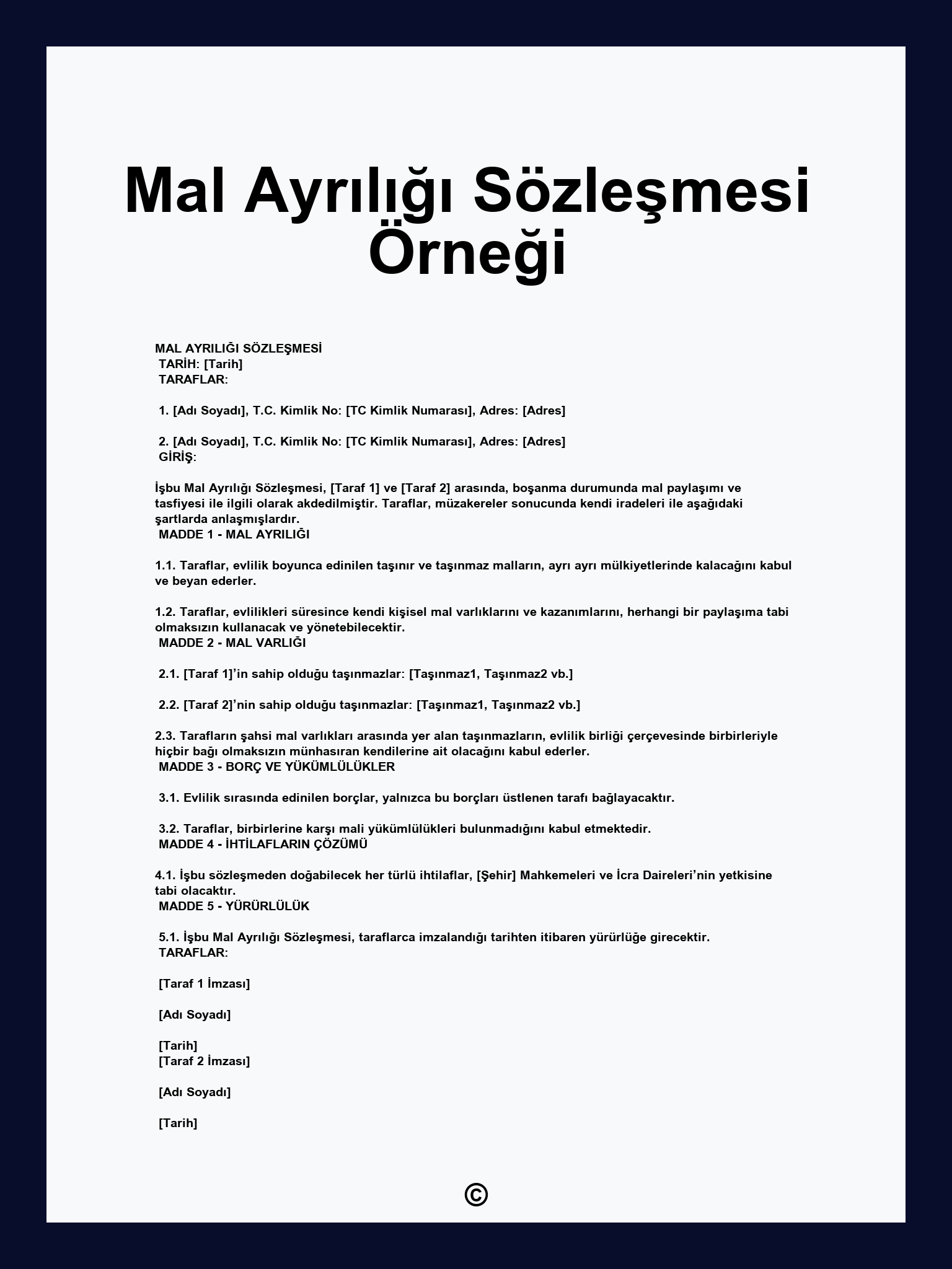 Mal Ayrılığı Sözleşmesi Örneği