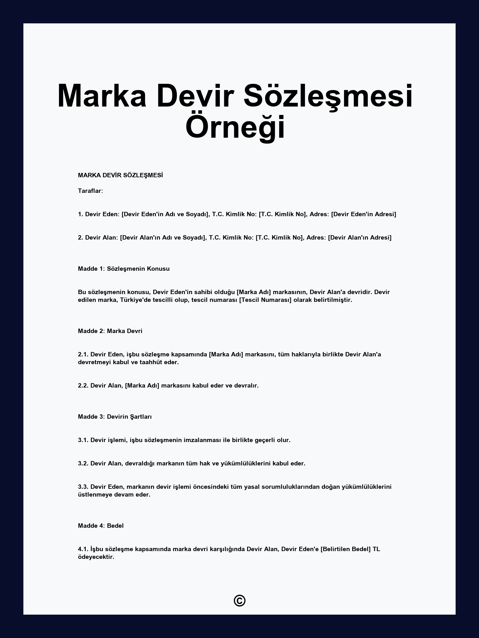 Marka Devir Sözleşmesi Örneği