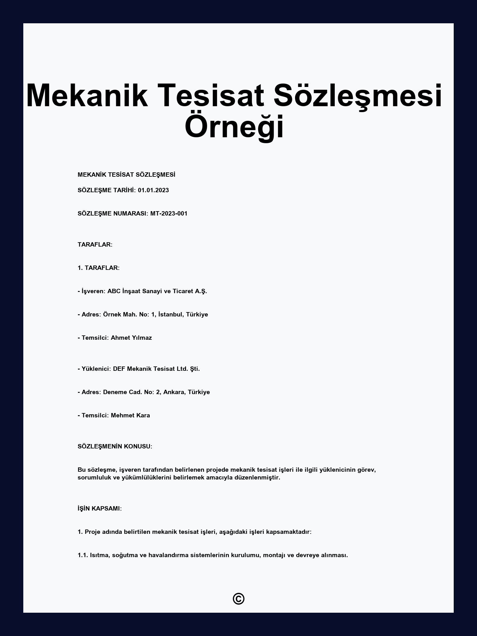 Mekanik Tesisat Sözleşmesi Örneği