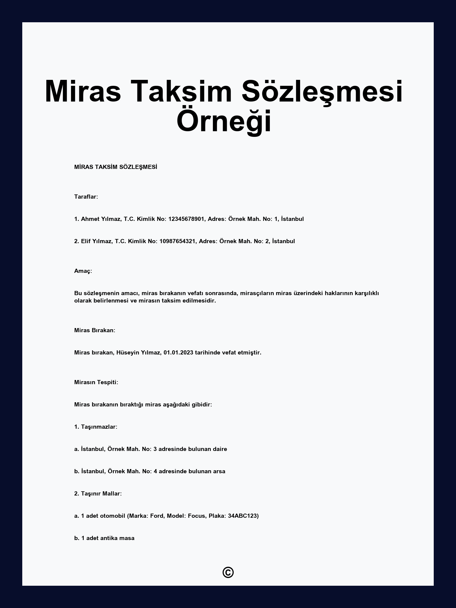 Miras Taksim Sözleşmesi Örneği