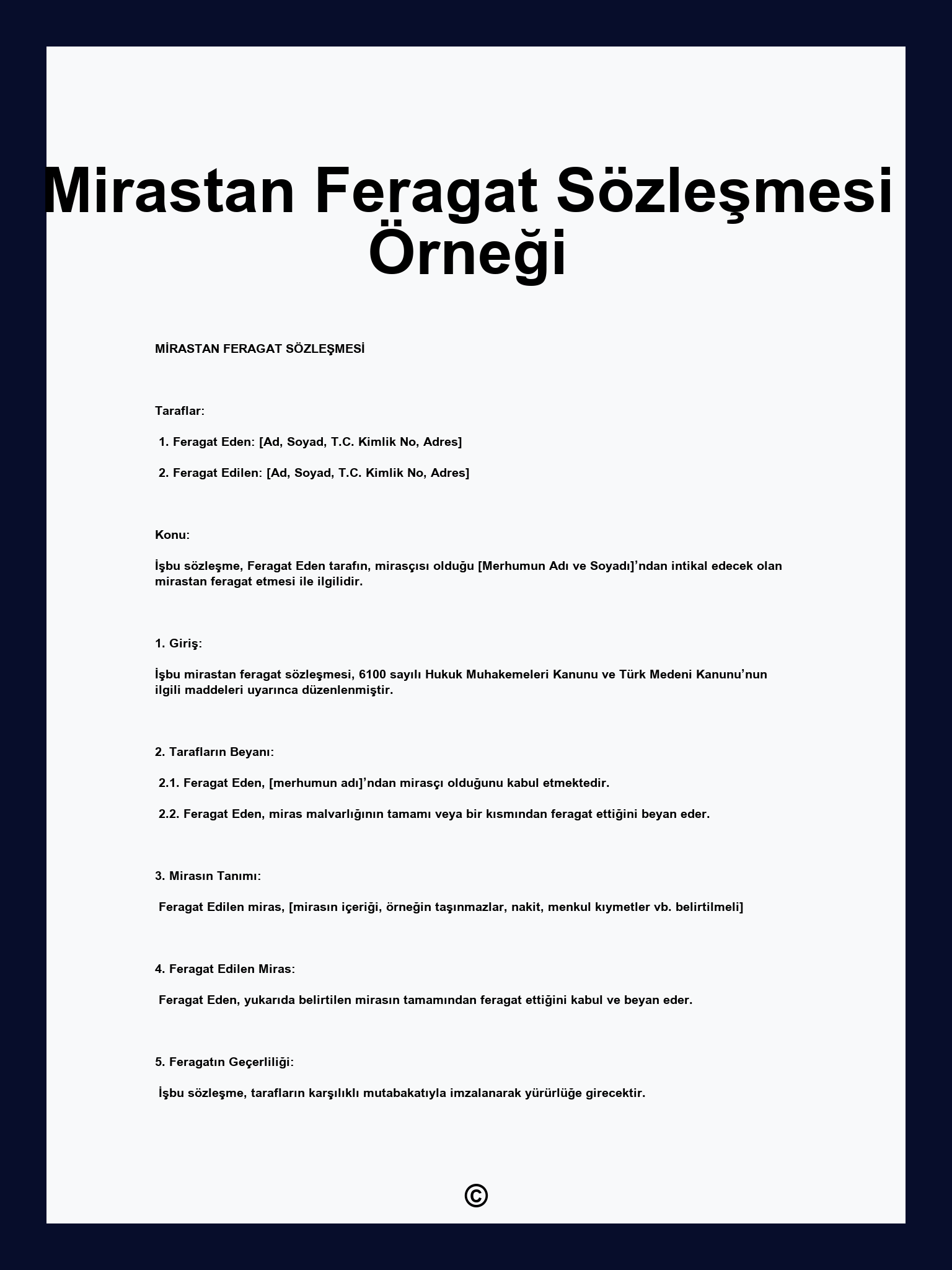 Mirastan Feragat Sözleşmesi Örneği
