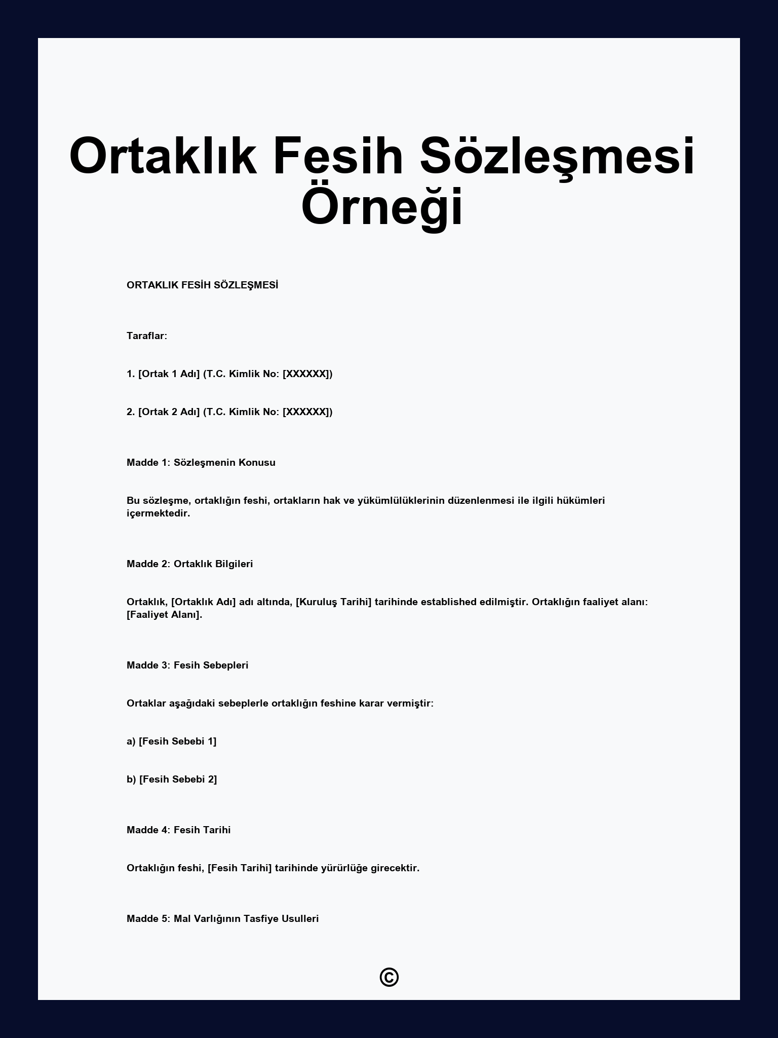 Ortaklık Fesih Sözleşmesi Örneği