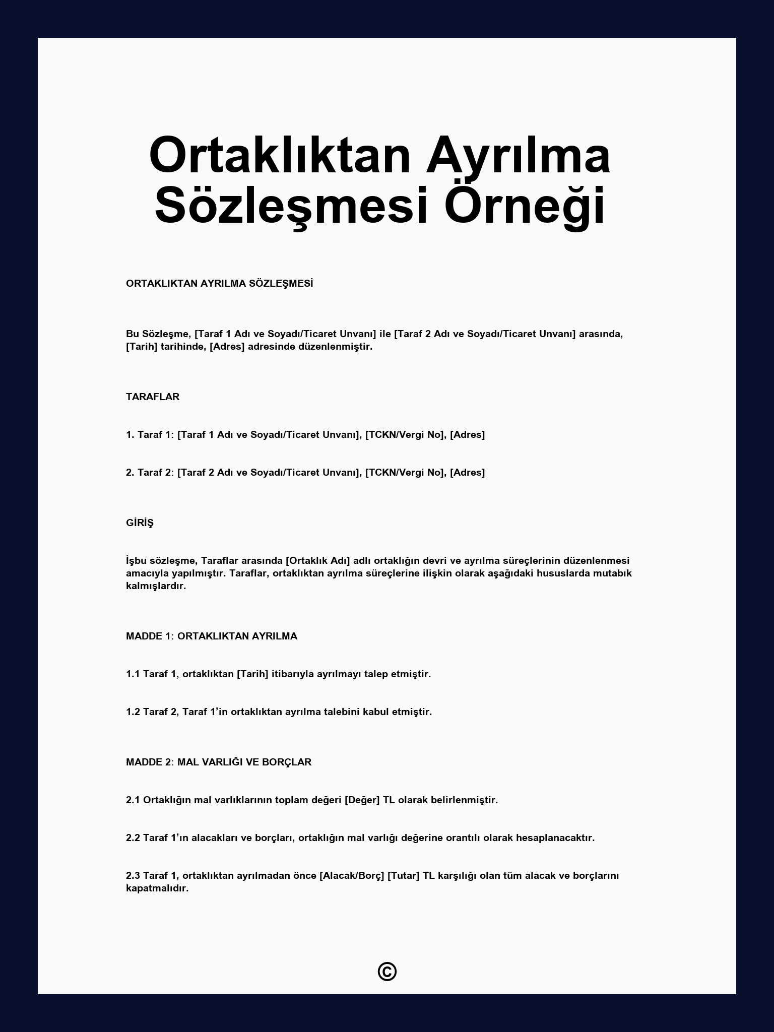 Ortaklıktan Ayrılma Sözleşmesi Örneği