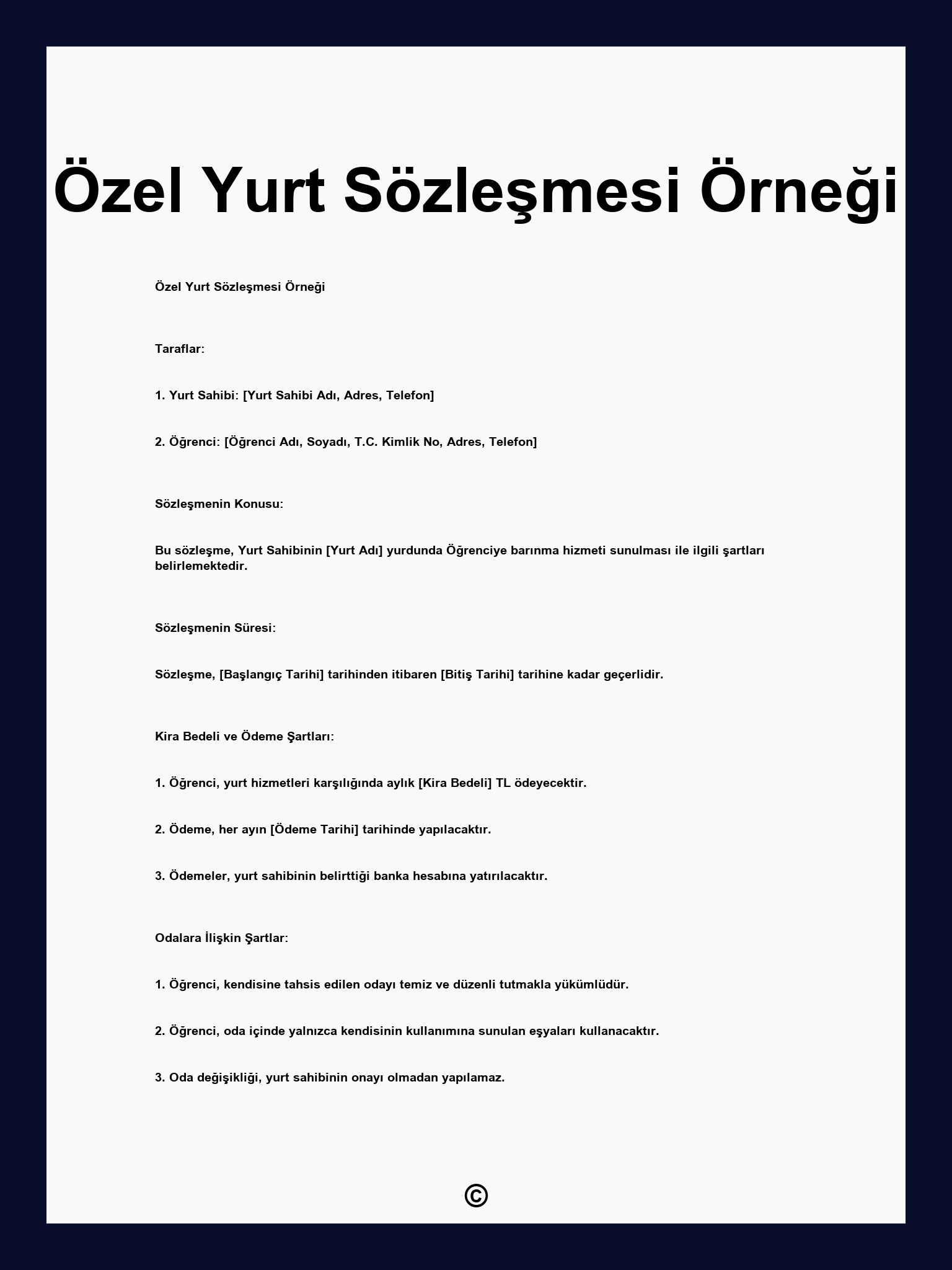 Özel Yurt Sözleşmesi Örneği