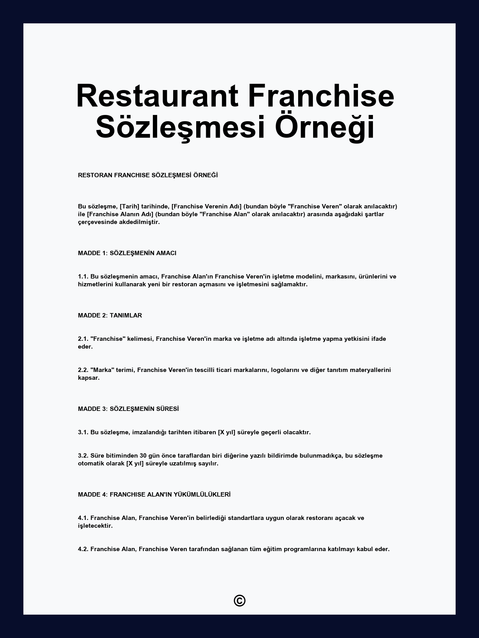 Restaurant Franchise Sözleşmesi Örneği