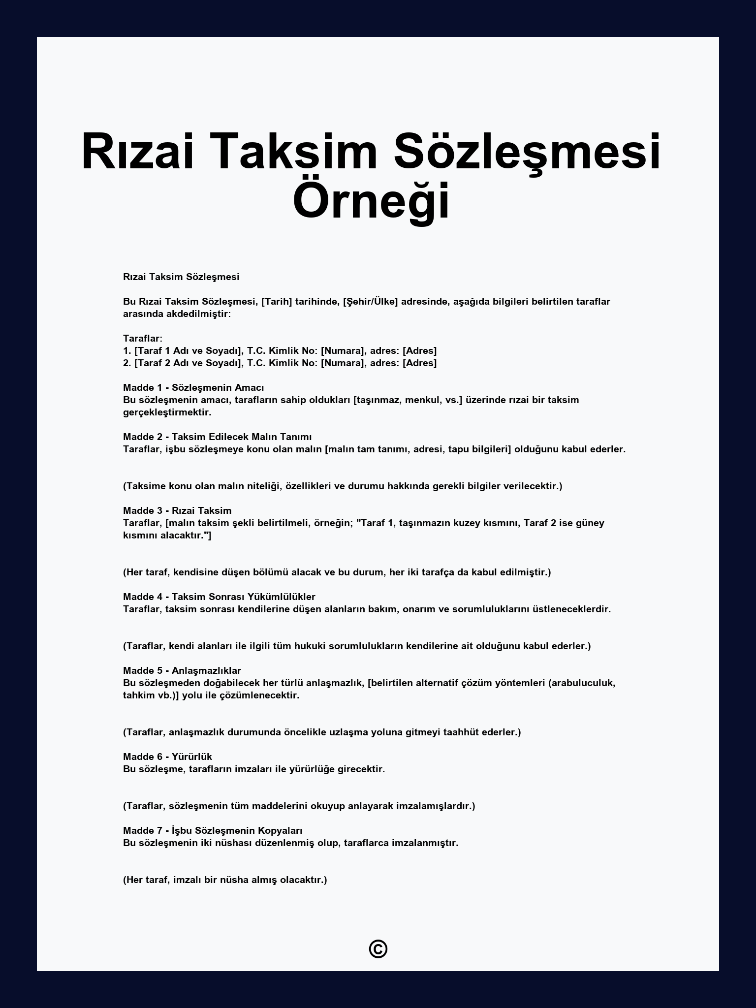 Rızai Taksim Sözleşmesi Örneği