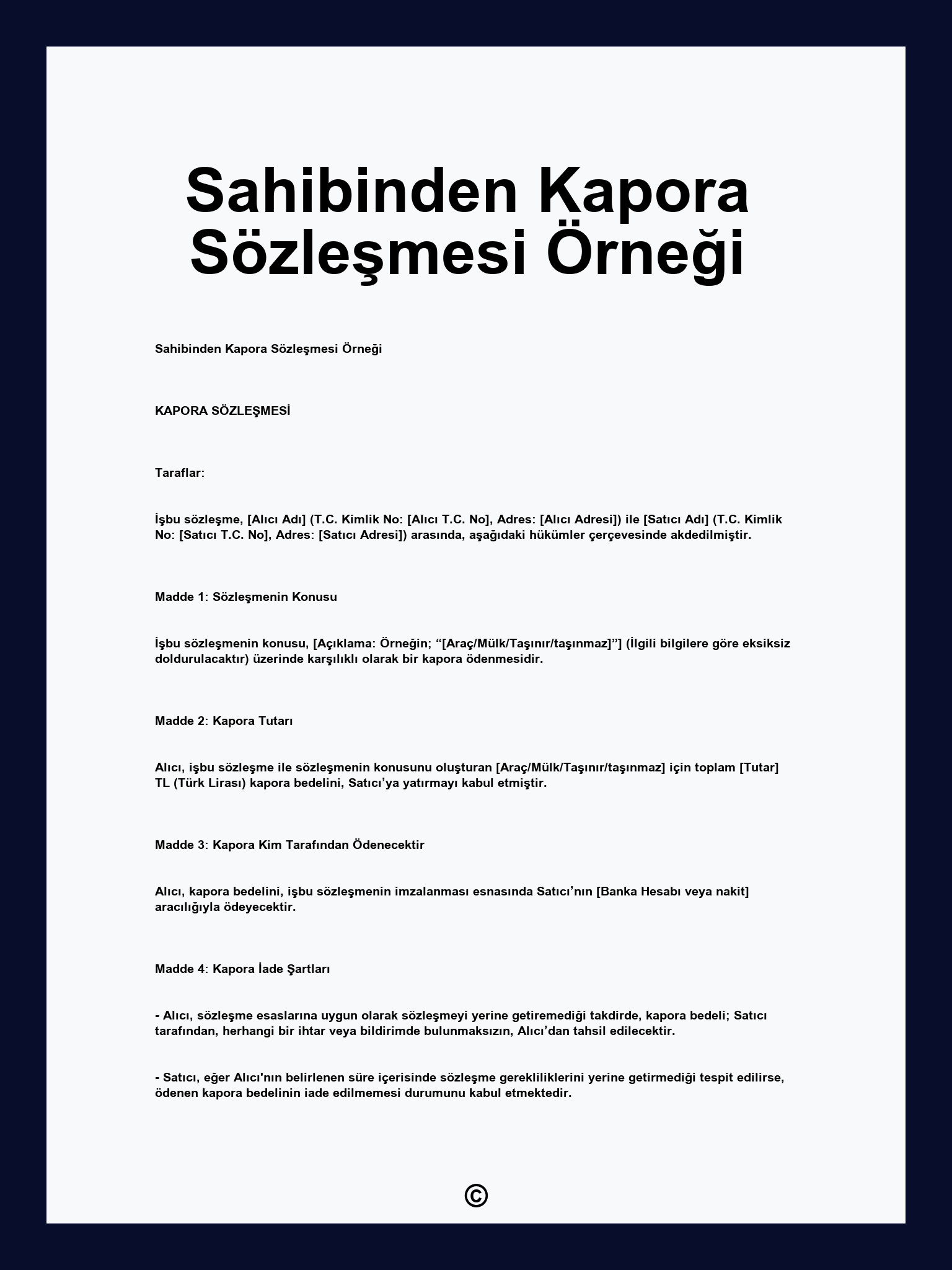 Sahibinden Kapora Sözleşmesi Örneği