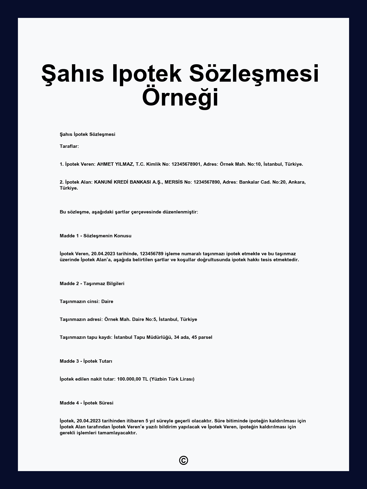 Şahıs Ipotek Sözleşmesi Örneği