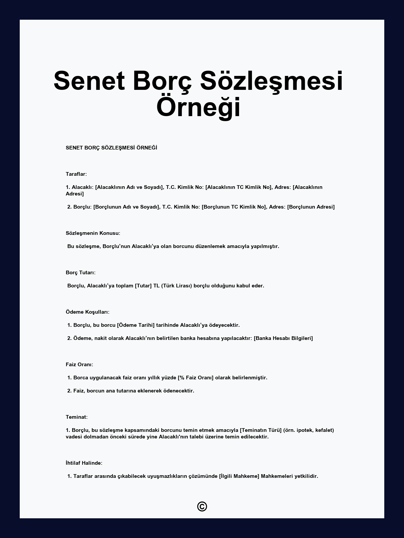 Senet Borç Sözleşmesi Örneği