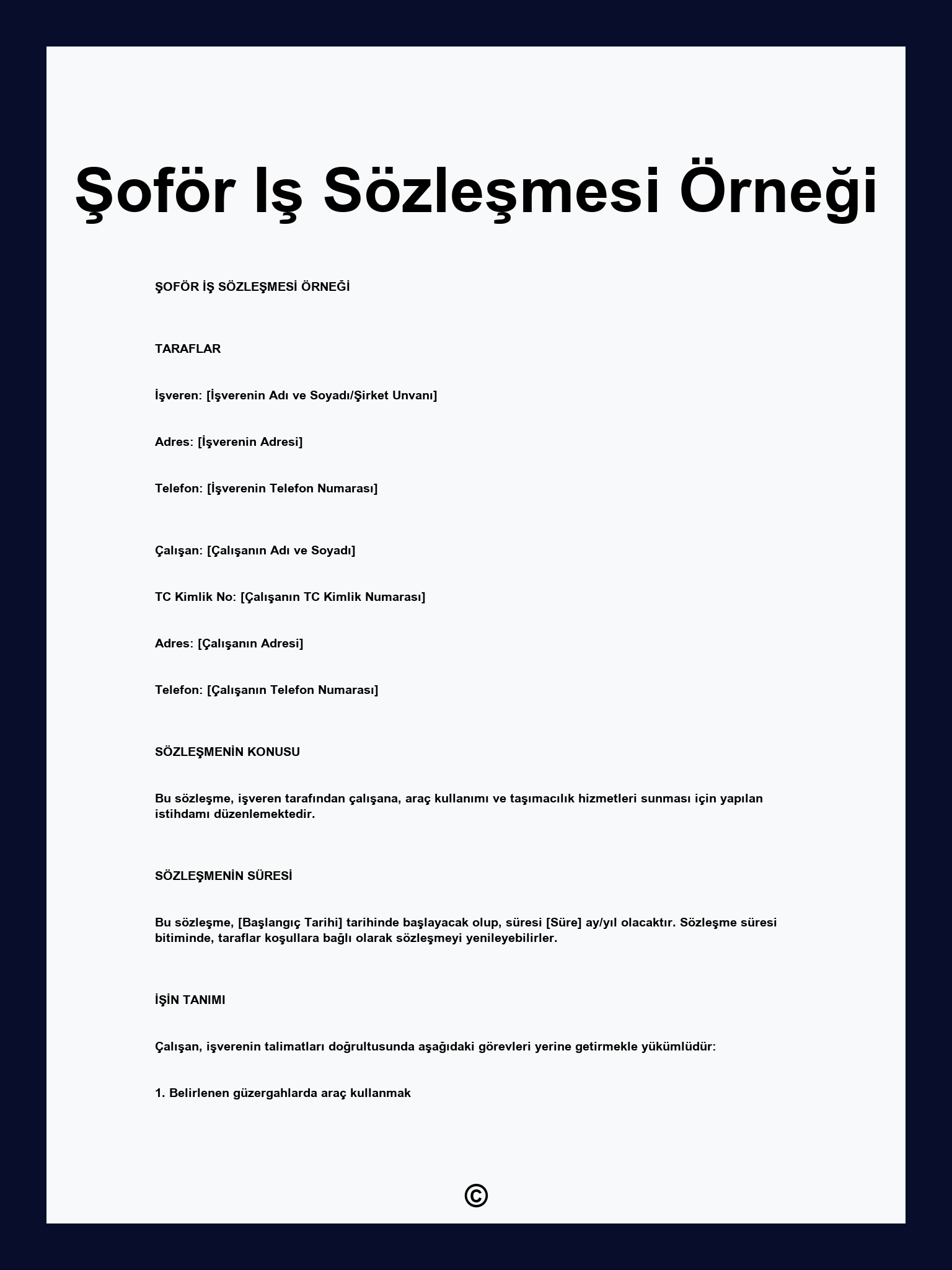Şoför Iş Sözleşmesi Örneği
