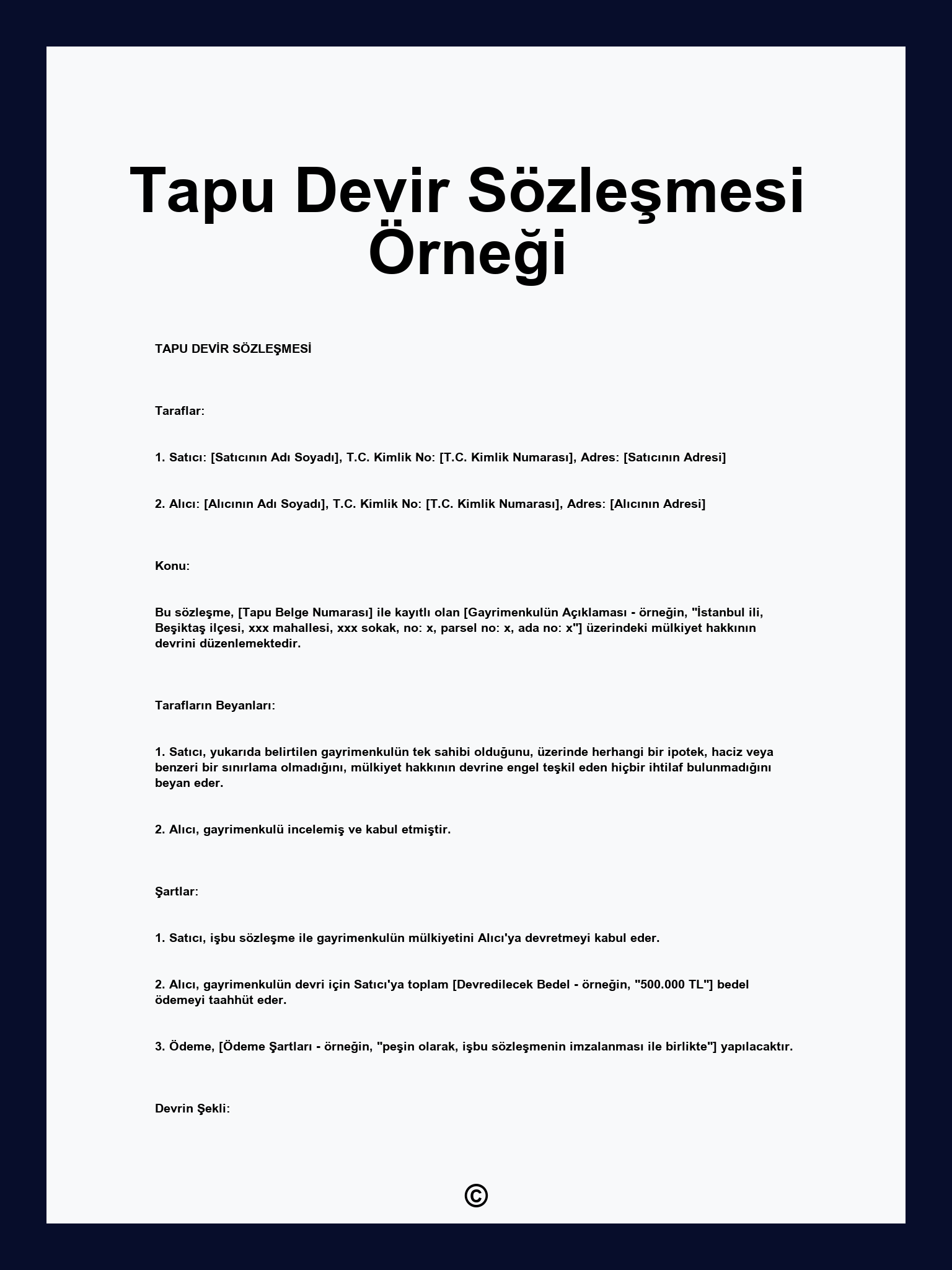 Tapu Devir Sözleşmesi Örneği
