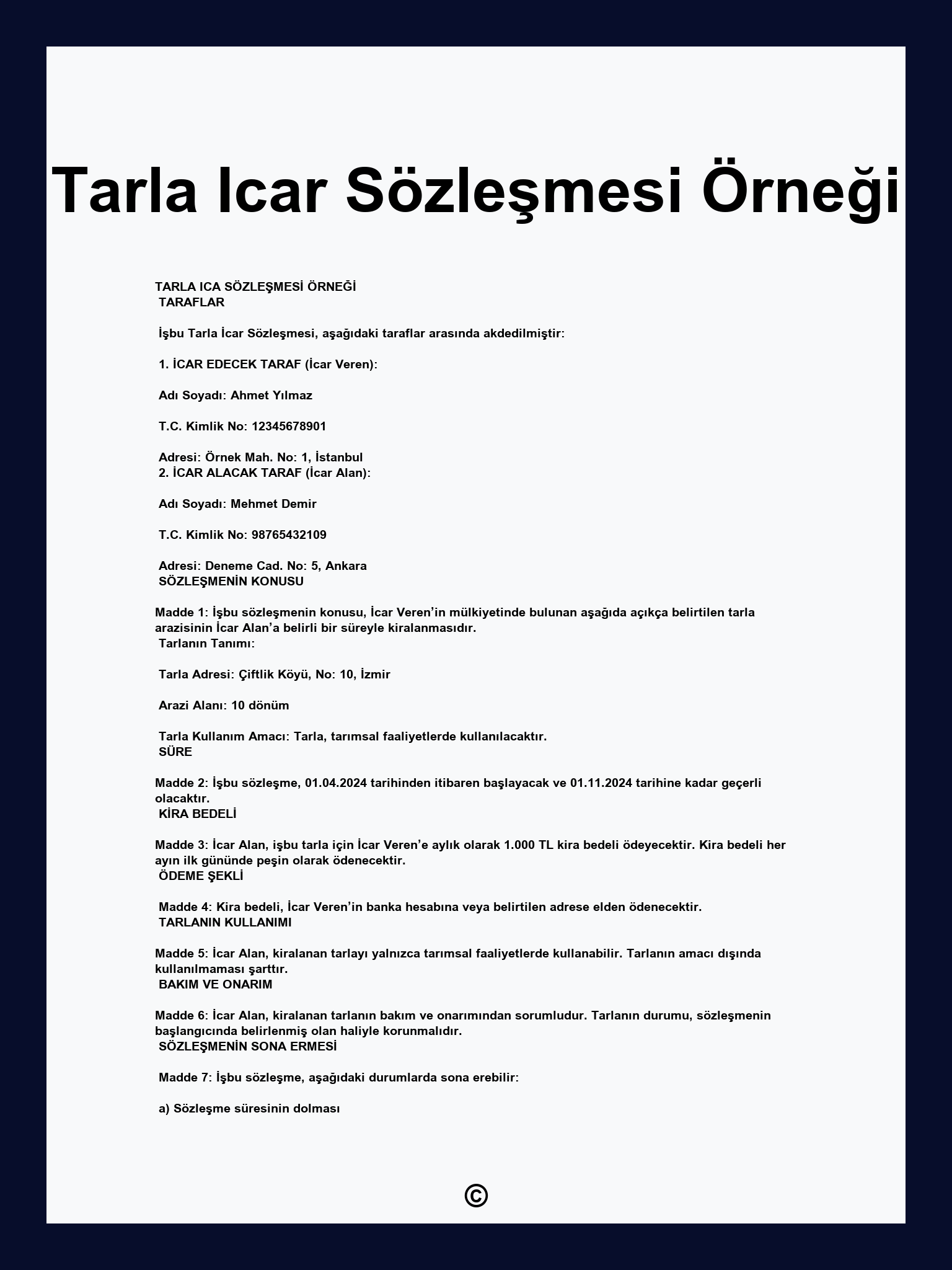Tarla Icar Sözleşmesi Örneği
