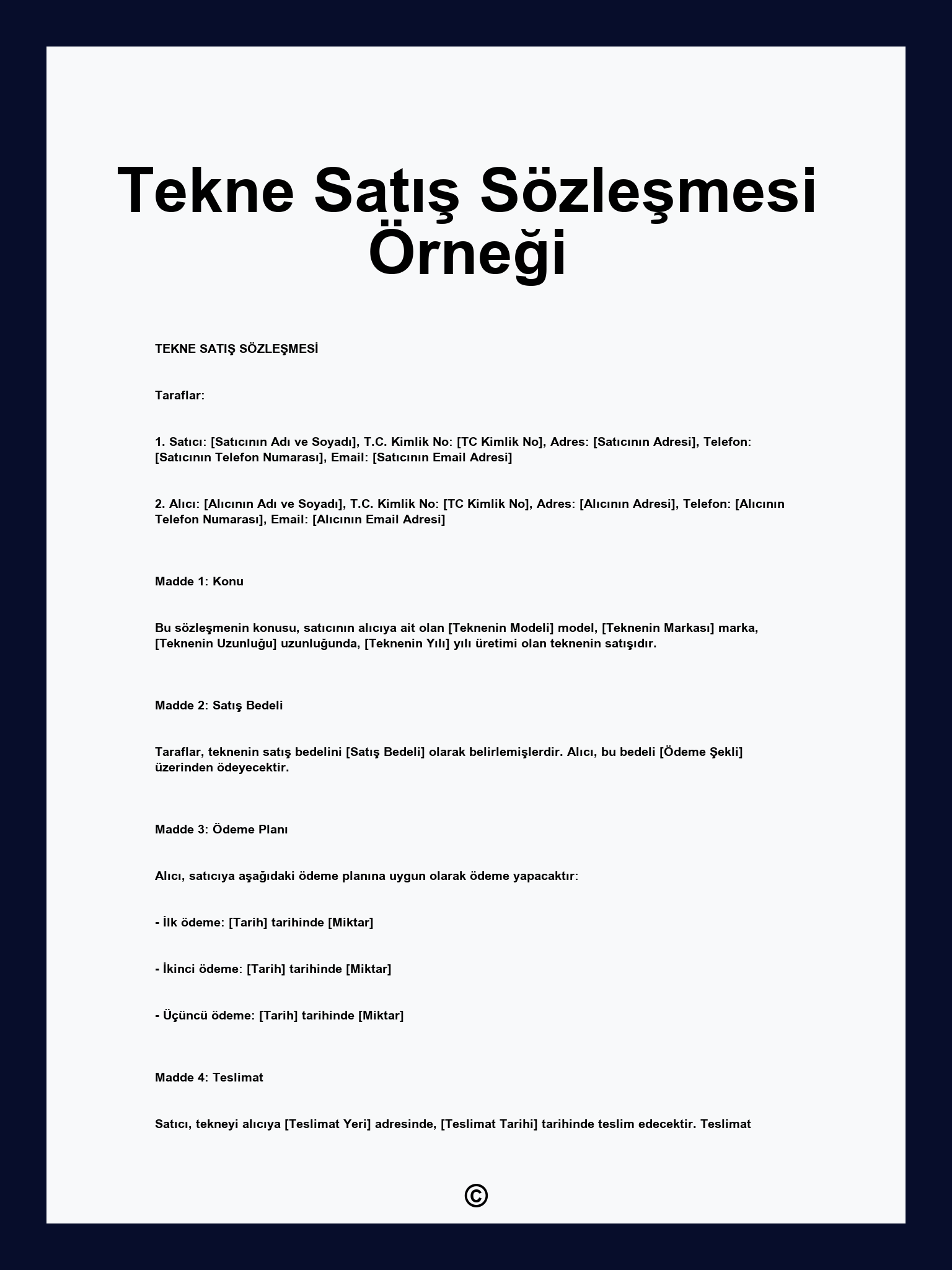 Tekne Satış Sözleşmesi Örneği
