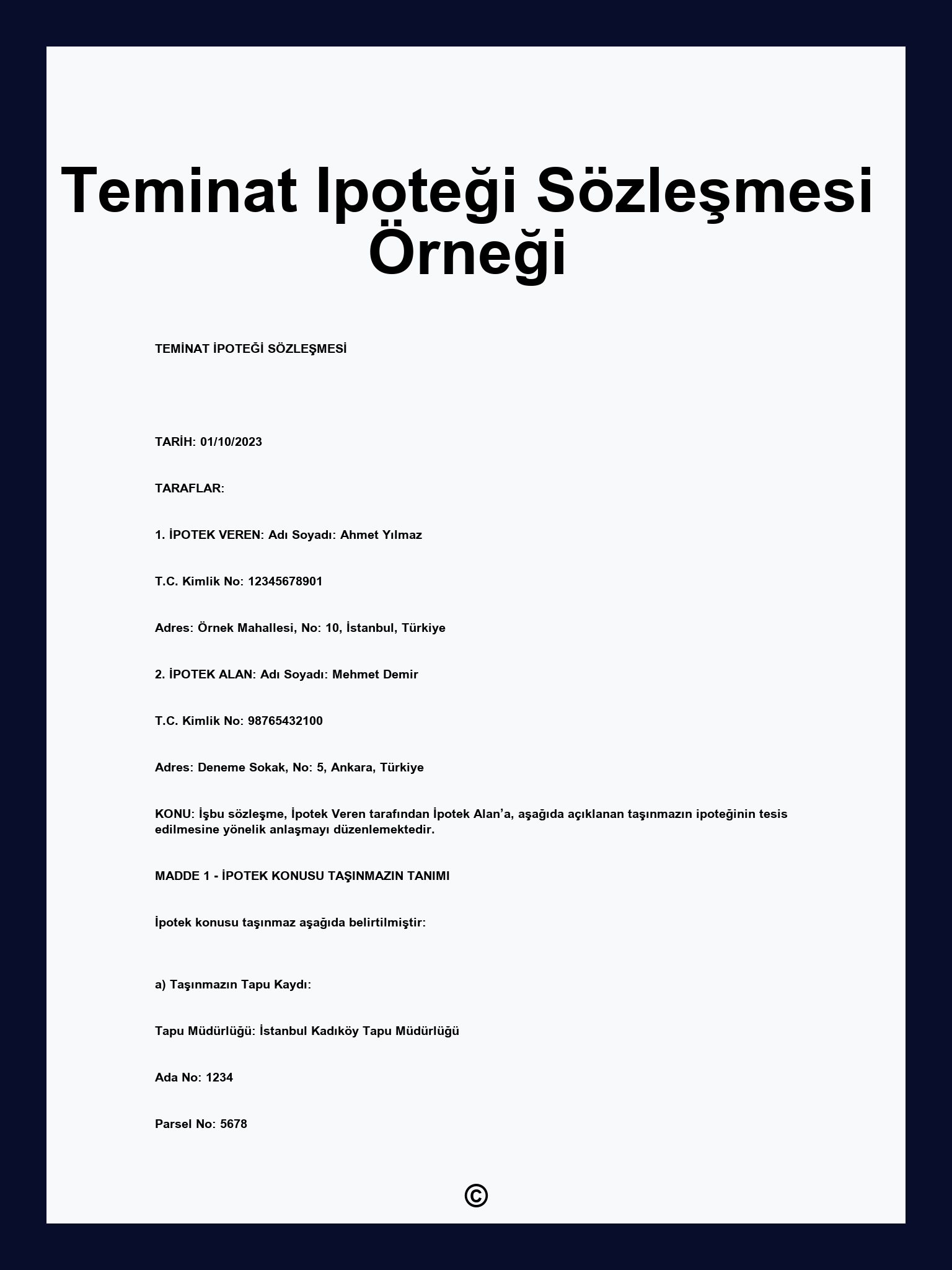 Teminat Ipoteği Sözleşmesi Örneği