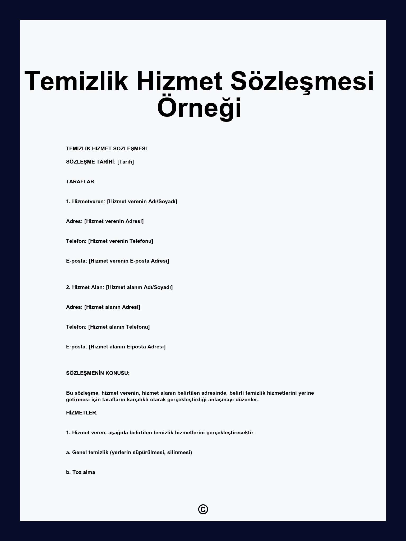 Temizlik Hizmet Sözleşmesi Örneği