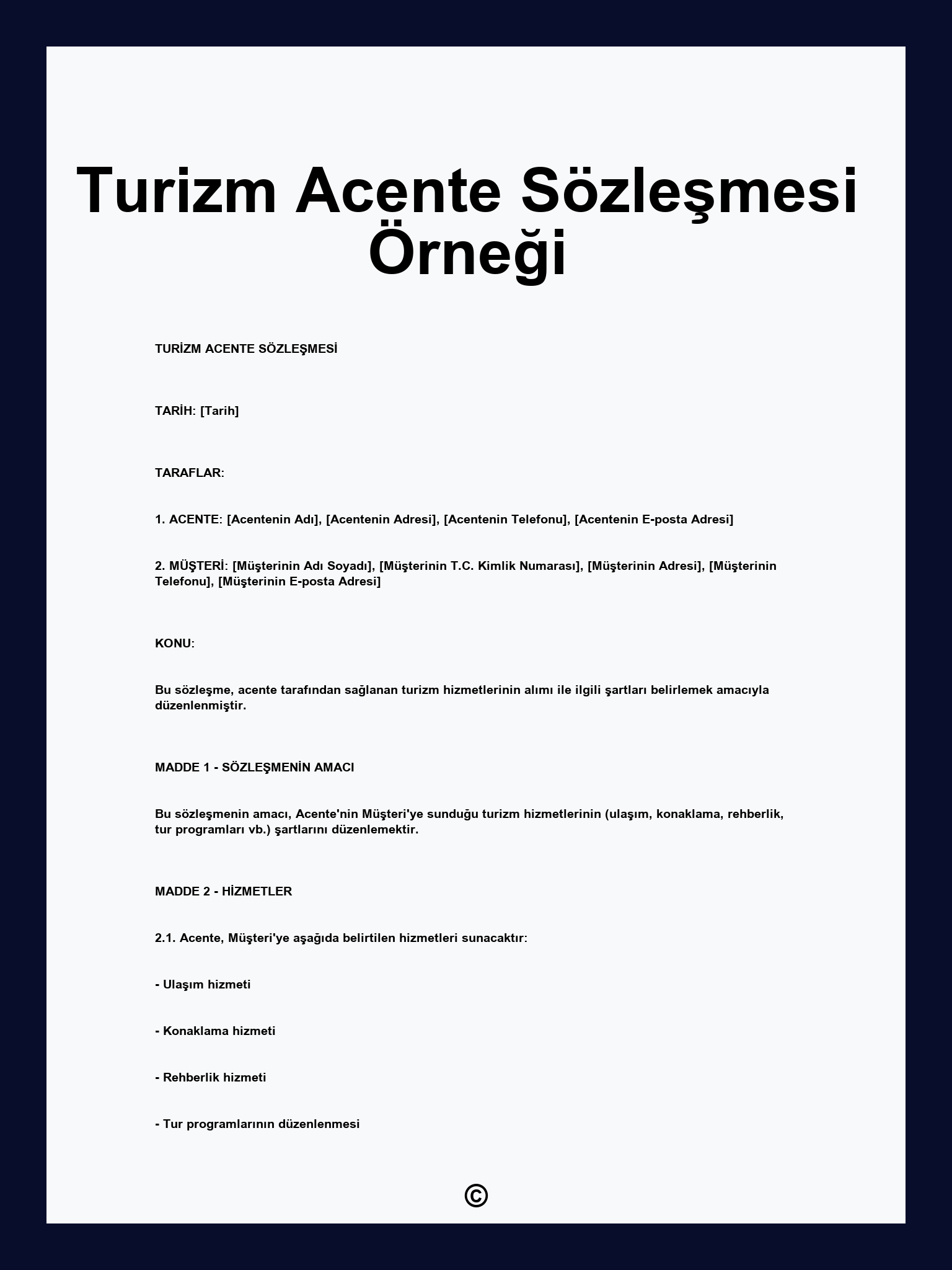 Turizm Acente Sözleşmesi Örneği