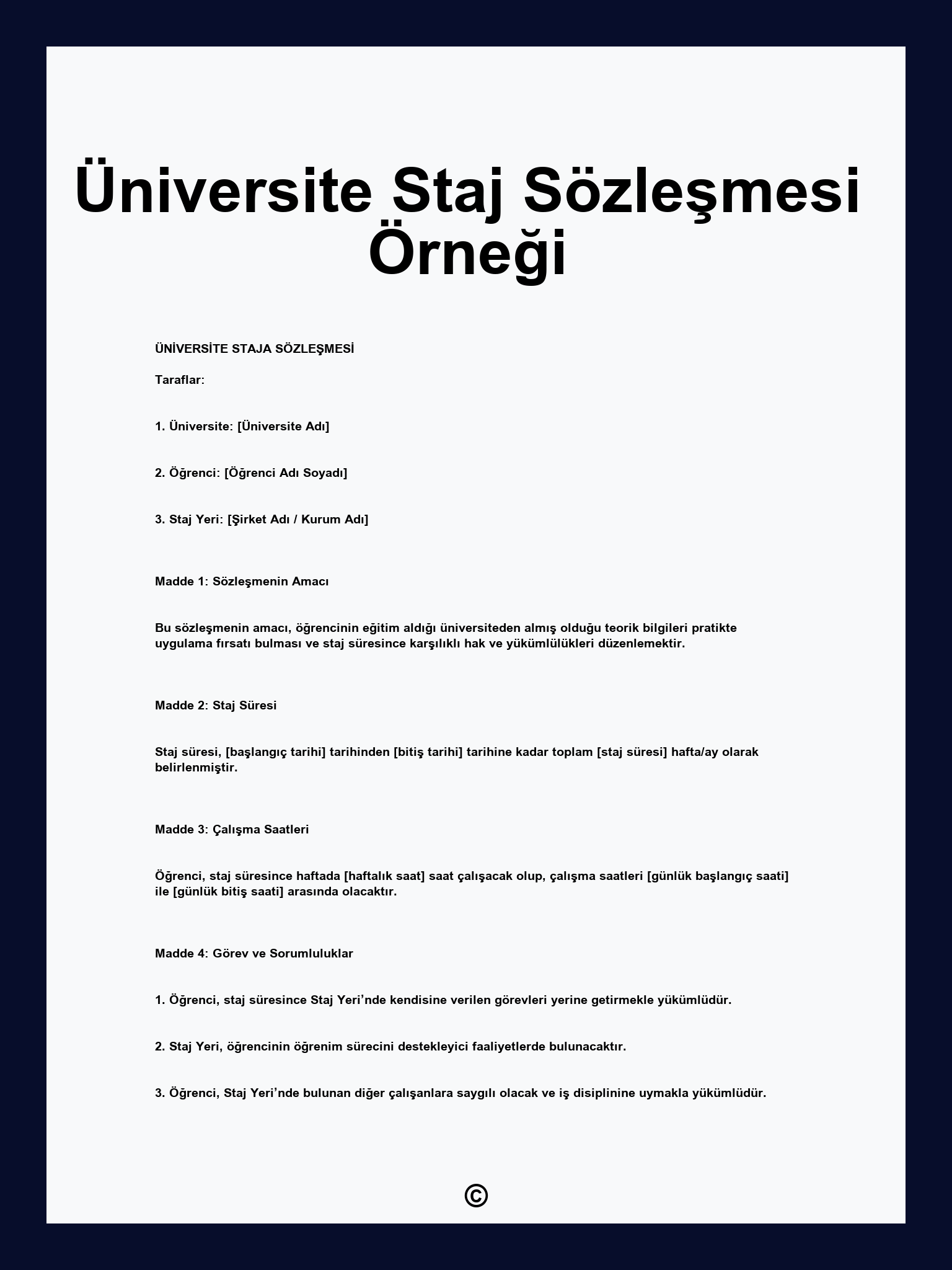 Üniversite Staj Sözleşmesi Örneği