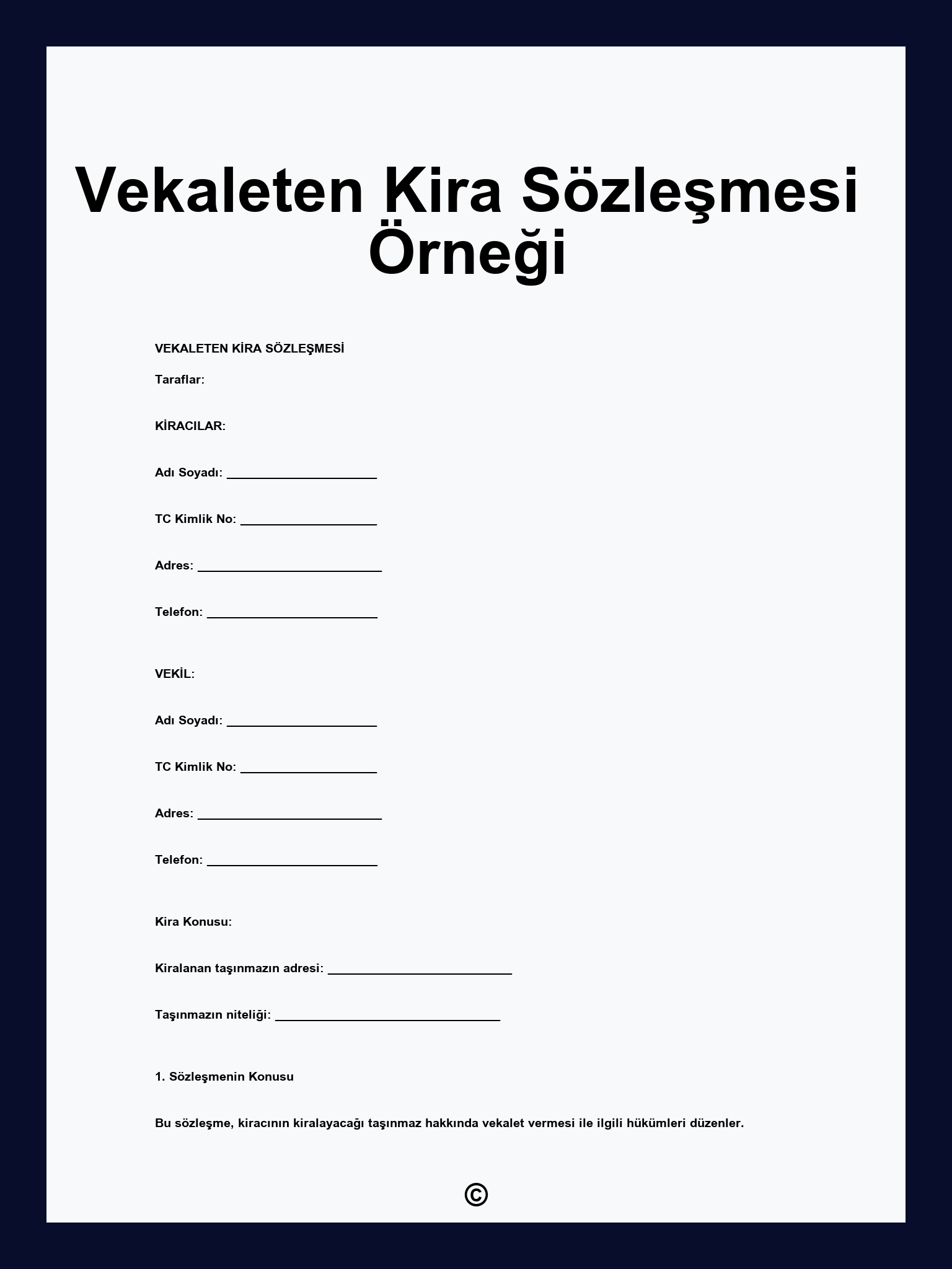 Vekaleten Kira Sözleşmesi Örneği
