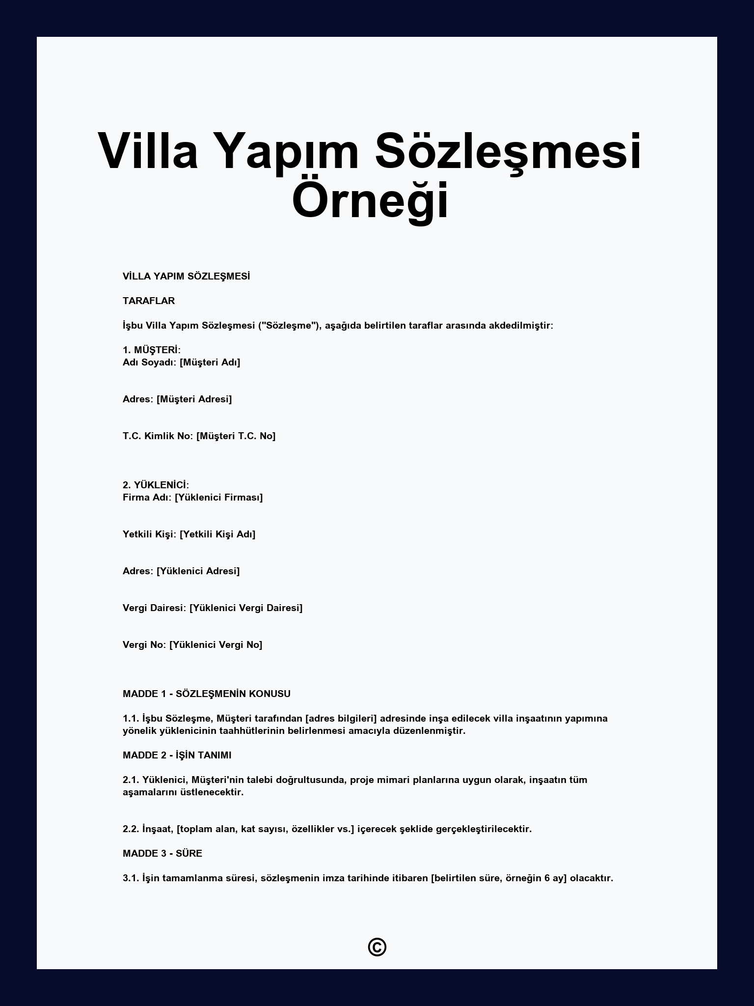 Villa Yapım Sözleşmesi Örneği