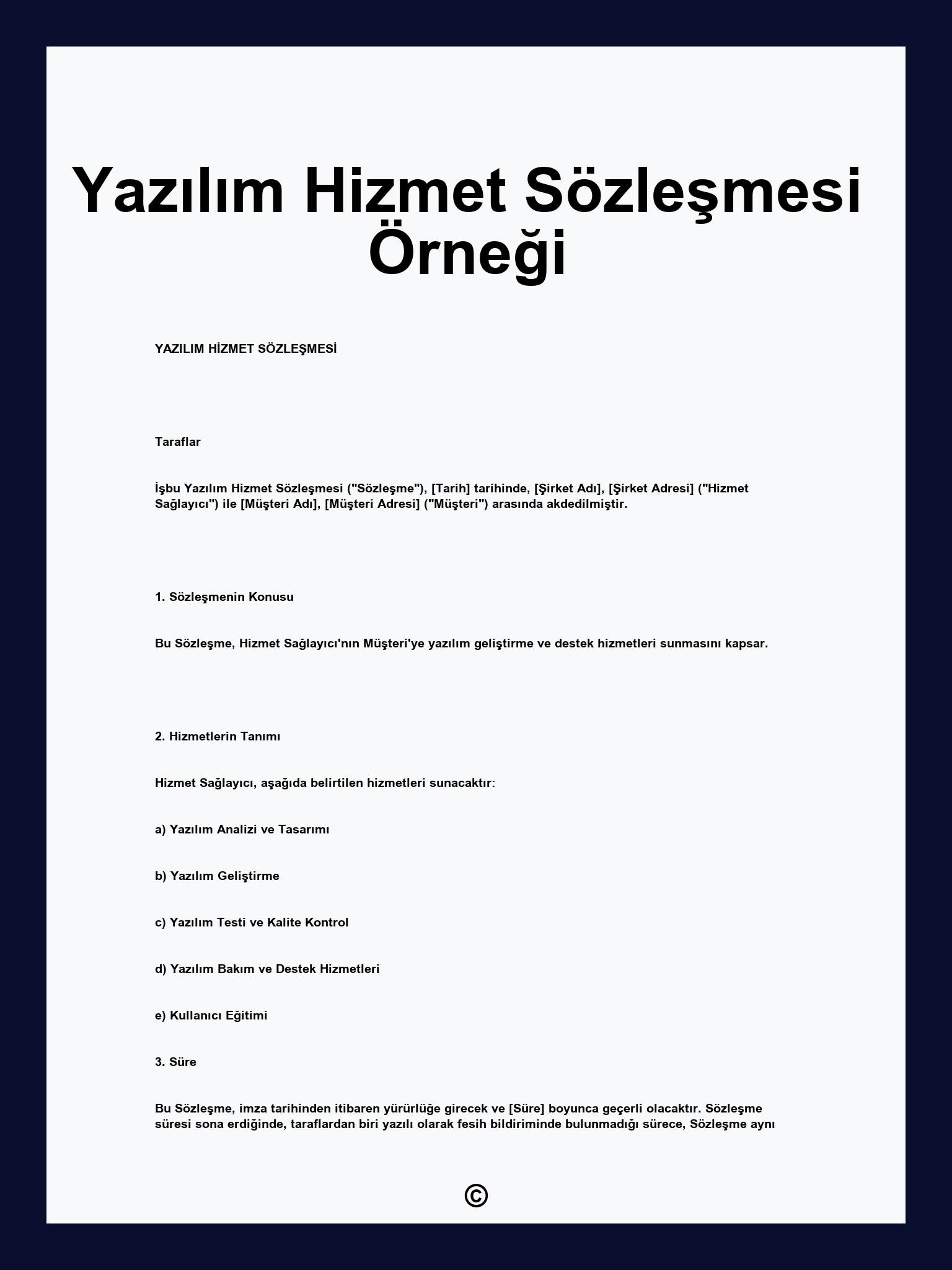 Yazılım Hizmet Sözleşmesi Örneği