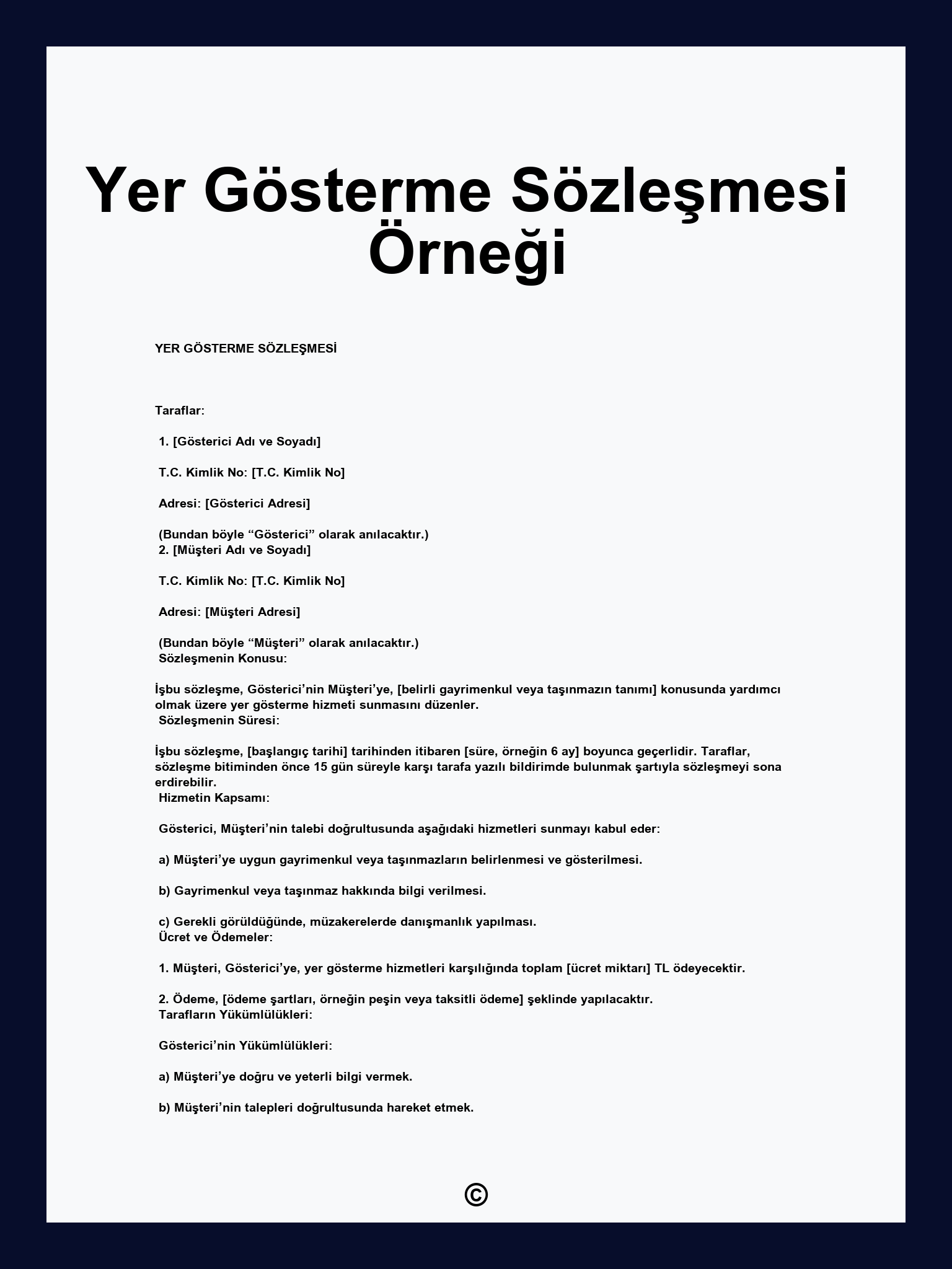 Yer Gösterme Sözleşmesi Örneği